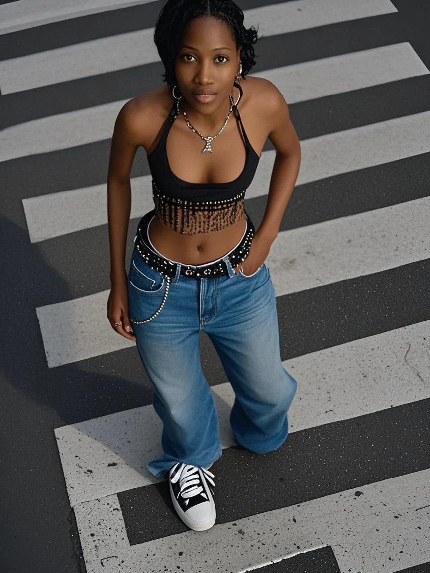 ((best quality)), ((masterpiece)), (detailed), perfect face, realistic proportions, young, nubile, black girl, wearing ripped croptop and jean shorts, wearing collar and leash, leashed to a wall, hands behind head, large ass, standing in an alley, tribal