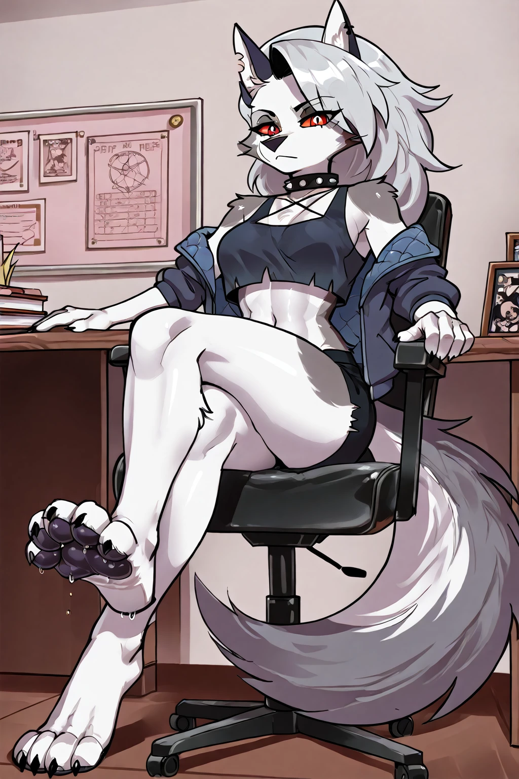 score_9, score_8_up, score_7_up, score_6_up, score_5_up, score_4_up, (solo), female anthro werewolf, secretary clothes, skirt, lusty, fluffy body, black hair, turquoise eyes, (thick thighs:1.5)((( offering the breasts))) sex partial clothes, (((cleavage))) semi-butonned uniform niform, (barely_visible_booba) (she is sitting) , giant breasts, garter belt tights , front view, open legs showing her wite_panties