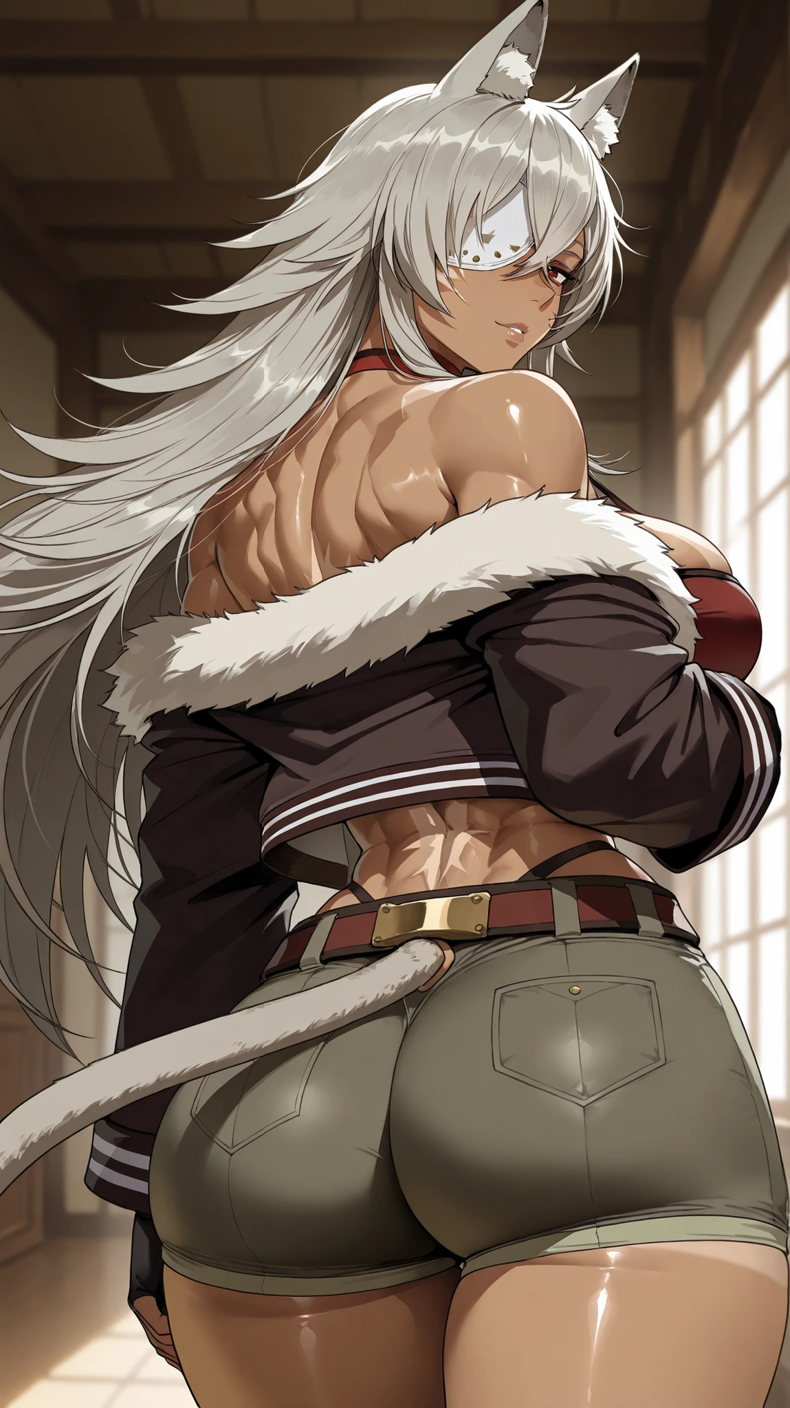 (best quality,4k,8k,highres,masterpiece:1.2),ultra-detailed,(:1.37),ghislaine dedoldia,animal ears,white hair,standing,,full body,boots,warrior,choker,fur trim,large breasts,abs,muscular woman,,pants,flipflops, full body flipflops, martial art, pullover, kimono, smile