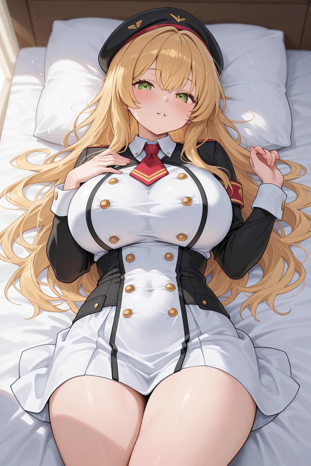 huge breasts,, , solo, ,open mouth,cowboy shot,smile,wide hips,sweat body,wet body,long hair,hair band,blonde hair,,orgasm,ahegao,blush,kneeling,on bed,uniform