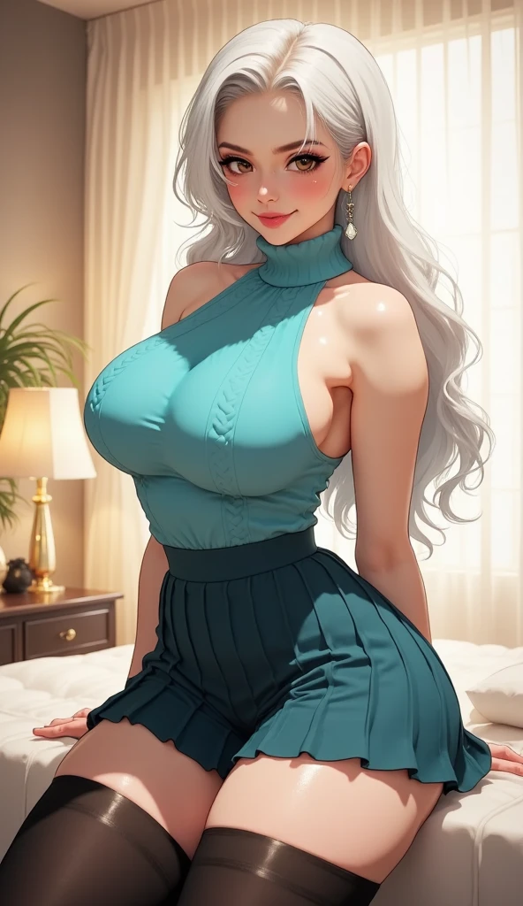 (best quality, ultra-detailed, photorealistic: 1.39), Face of naughty 25 year old teenager, bright and vibrant colors, studio lighting, romantic expression, Big perfect breasts, high-waisted skirt, zip-up sweatshirt, elegant makeup, curly silver hair, cute bow, with straight bangs hair flowing in the wind, attractive eyes, lips bright, sexy pose, beautiful roses, smiling confidently and seductively, posing for a professional photo shoot, shallow depth of field, soft natural lighting, creating a dreamy and magical atmosphere, In the living room