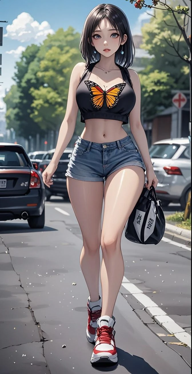 (nsfw:1), (1GIRL, SOLO), (ssmile, makeup, beautifull eyes), (BIG BUTTOCKS, 11 LINE ABS, HUGE BOOBS:1.5), (T-SHIRT CROP TOP, CLEAVAGE, TIGHT MINI HOTPANTS, SNEAKERS:1.5), (SLENDER BODY, SEXY LONG LEGS, FULL BODY:1.5), (LOOKING AT VIEWER:1), (WALKING DOWN ON STREET CHERRY TREES:1.3), PHYSICALLY-BASED RENDERING, ULTRA HIGHT DEFINITION, 8K, 1080P.