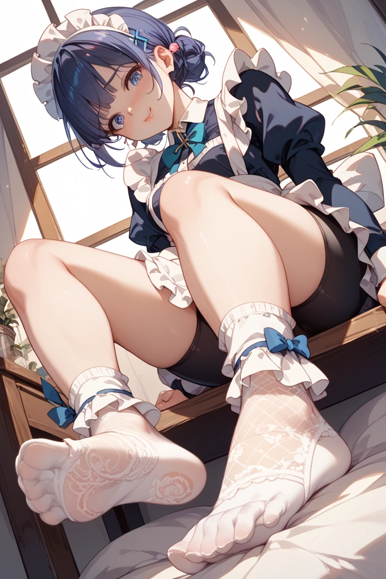 {{{masterpiece}}}, {{{best quality}}}, {{ultra-detailed}}, {illustration}, {{an extremely delicate and beautiful}},  Yozakura (senran kagura), One Girl, chest, Blue Hair, alone, short hair, underwear, flower, hair ornaments, blue eyes, heart shaped pupils,, heart-shaped eyes, huge breasts, muscular,   bunny girl, white rabbit ears, wrist cuffs, black leotardIndoor, Fishnet tights, humid, steam, sweat , rest, Bedroom, sitting,  foot up, perspired from below, showing her soles, showcasing the soles of her feet, soles in stockings, lower angle, extremely lower angle, focus on feet, focus on soles, Looking down at the viewer, Wicked Smile, blush, Mischievous face, Anatomically correct,