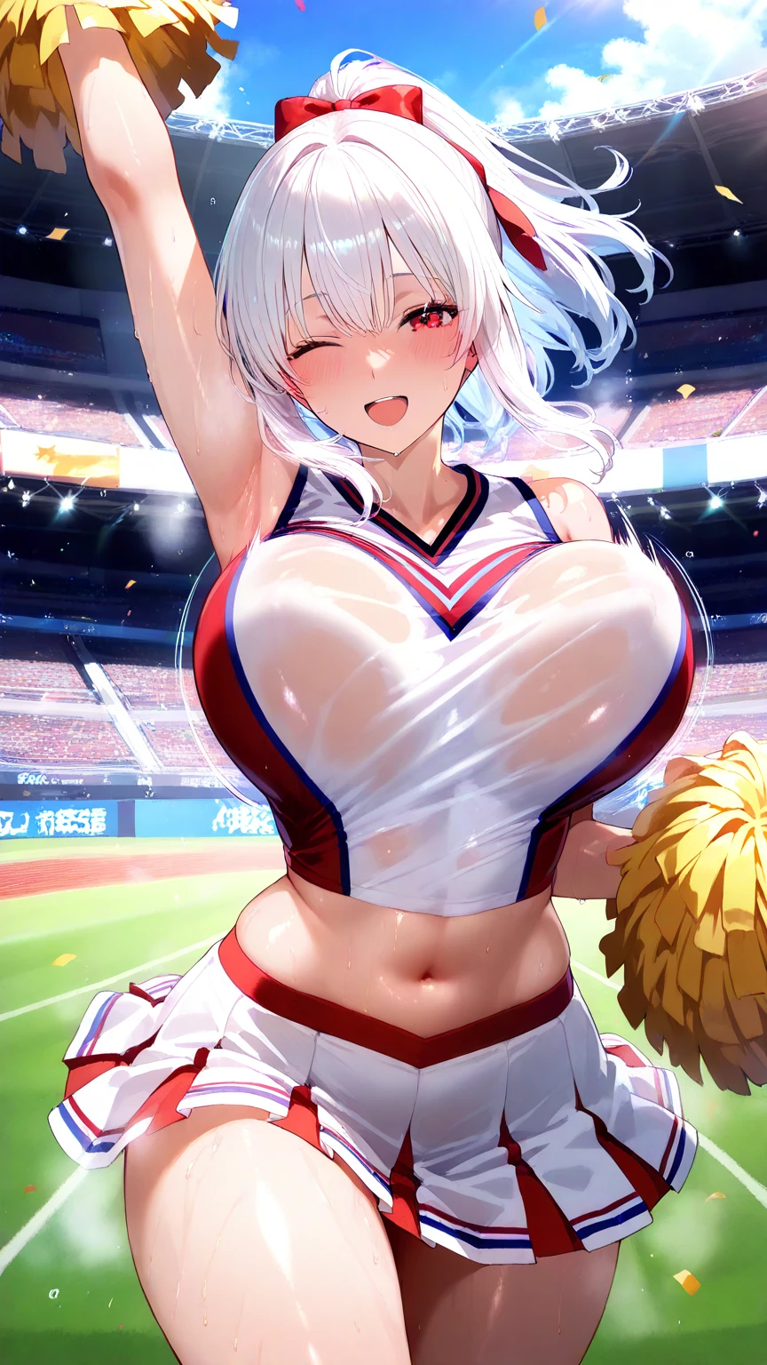 (masterpiece:1.3), (8K、best quality:1.4), (Highest image quality, intricate details, high resolution, depth field, Natural light, professional lighting), (1 girl), (solo), (asian girl, very beautiful 18 year old cartoon girl), (very beautiful woman、Beautiful woman full of charm, 美しい銀髪のbob cut, intense blue eyes, strong eye highlights, very big breasts, perfect anatomy, dynamic lighting, lip gloss), Beautiful face with perfect symmetry, beautiful detailed woman, very beautiful detailed face, very beautiful detailed eyes, Smile at the audience, laughing very happily, beautiful teeth, beautiful teeth alignment, Super detailed, very detailed, beautiful teeth, beautiful teeth alignment, Super detailed, very detailed, ((Detailed cheerleader:1.2)), light shines on your face, ((dynamic pose)), bob cut, crossed bangs, asymmetrical bangs, long neck, please show me your ears, Bansig's eyes, eyelash, cute, very big breasts、very beautiful and big, very beautiful breast shape, beautiful cleavage, tall supermodel, Supermodel with long legs, Supermodel dressed as a cheerleader, take a pose, Dressed as a cheerleader, close-up of woman, towards the camera, laughter, (cheerleader costume), ((head band, Sleeveless shirt with open chest, flare skirt, mini skirt)), Young slender gravure idol, young gravure idol, young gravure idol, Stadium background in the daytime