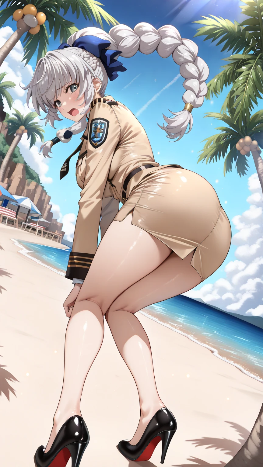 1girl, tan skin, tan, tan-skinned female, from behind, ass, ass focus, thong, panties, jacket, smile, smirk, smug, breasts, huge ass, ((huge ass)), thick thighs, mature female, milf, hourglass figure, black hair, very short hair, yellow eyes, forest, black jacket, ((black jacket)), hooded jacket, belt, military hat, cap, gloves, highleg, spiked hair, ((highleg)), military jacket, bare legs, tomboy, ((walking)l, walking
