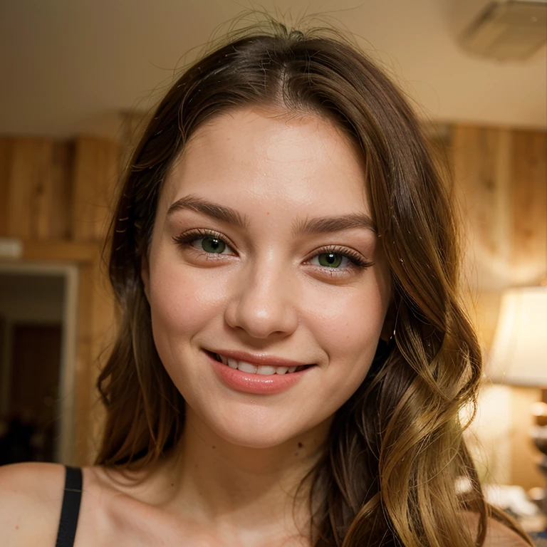 Woman, Canadian, 25 years old, fair skin with freckles, blue-gray eyes, delicate nose, long wavy blond-hair, sweet smile, full body portrait in a hotel room