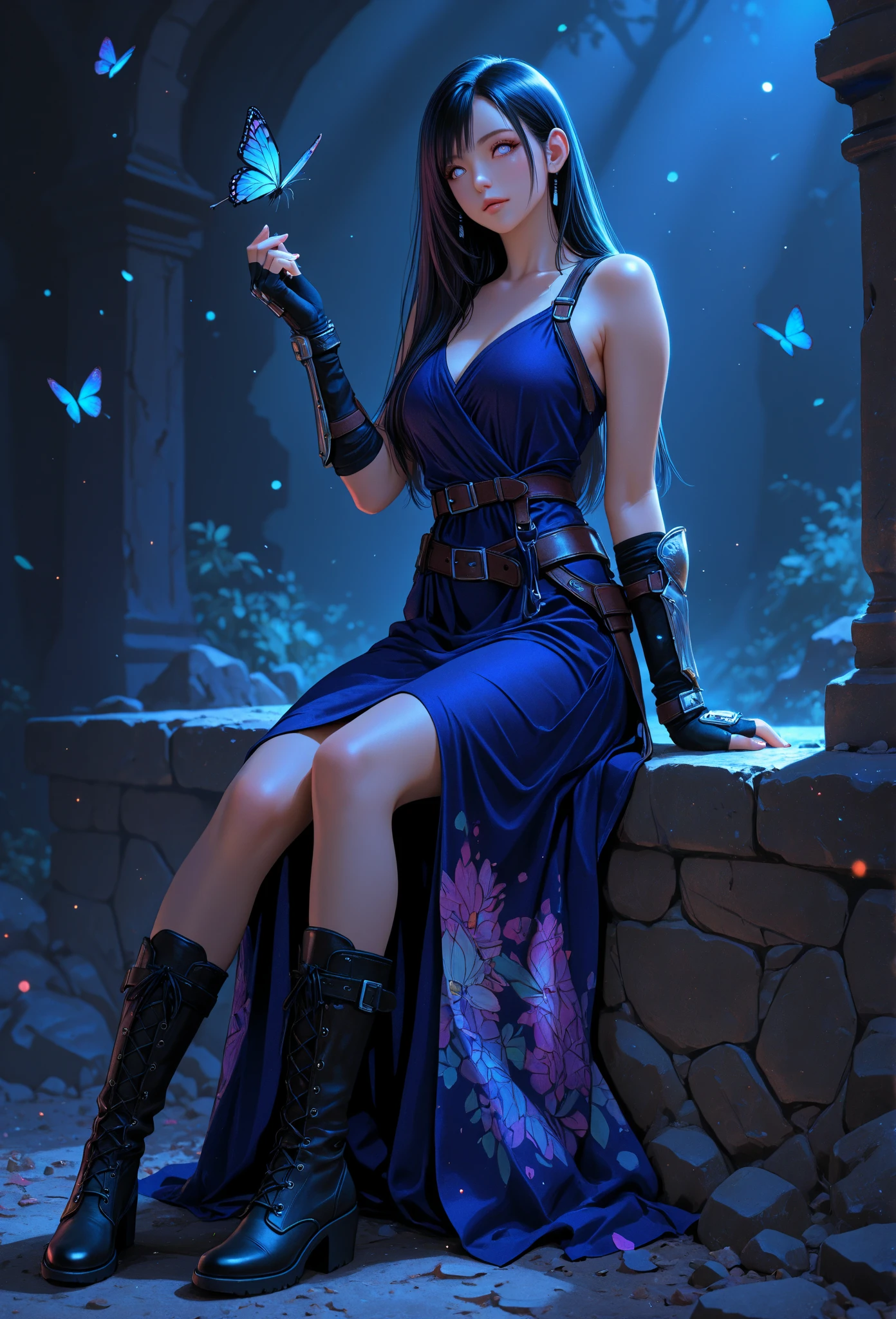Perfect waist cut, Large breasts, Warrior girl with a scimitar on hand, Skimpy organza clothes ,dark blue hair with red highlights, (perfect nose), Seductive gaze, Boots on high heels (Best Illustration), 8k Resolution, Intricate Details, Best Quality, Realistic, Ultra Detailed, Best Lighting, Best Shadows, Ultra HD, A Necromancer style, Night, Magic, Dark Style, Vampire, (shining red eyes:1.6), masterpiece, high_res, Beautiful face, tyndall effect, photo realistic, (high detailed skin:1.2), 8k uhd, dslr, high quality, Photograph, high resolution, 4k, 8k, Bokeh, absurdres, ponytail contorted, best ratio four finger and one thumb, front view, dark blue hair gorgeous, perfect proportional skinny fitness body, full body view, wet skin, wet clothes, dark cathedral baground scenery, huge bobs, belly muscle, long fit perfect legs
