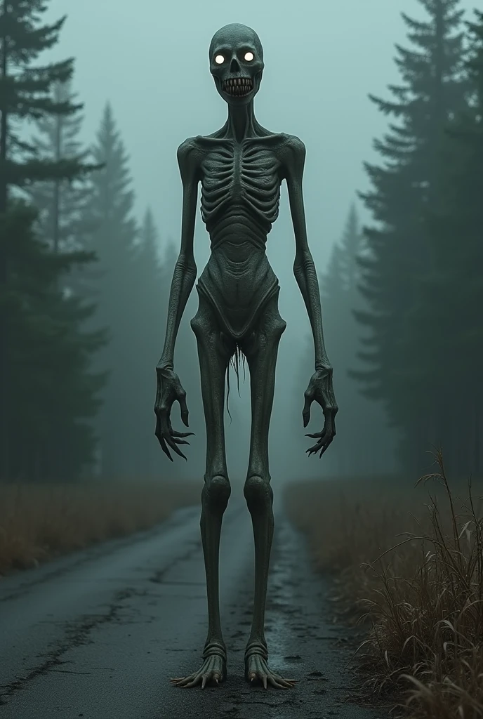 Scrawny man standing in dark forest surrounded by fog, eerie figure in black suit with very long arms and legs and no face, disturbing silhouette, young, scrawny, tall silhouette, one dark figure standing in ominous forest, blur, horror, dark fantasy, moody, cinematic lighting