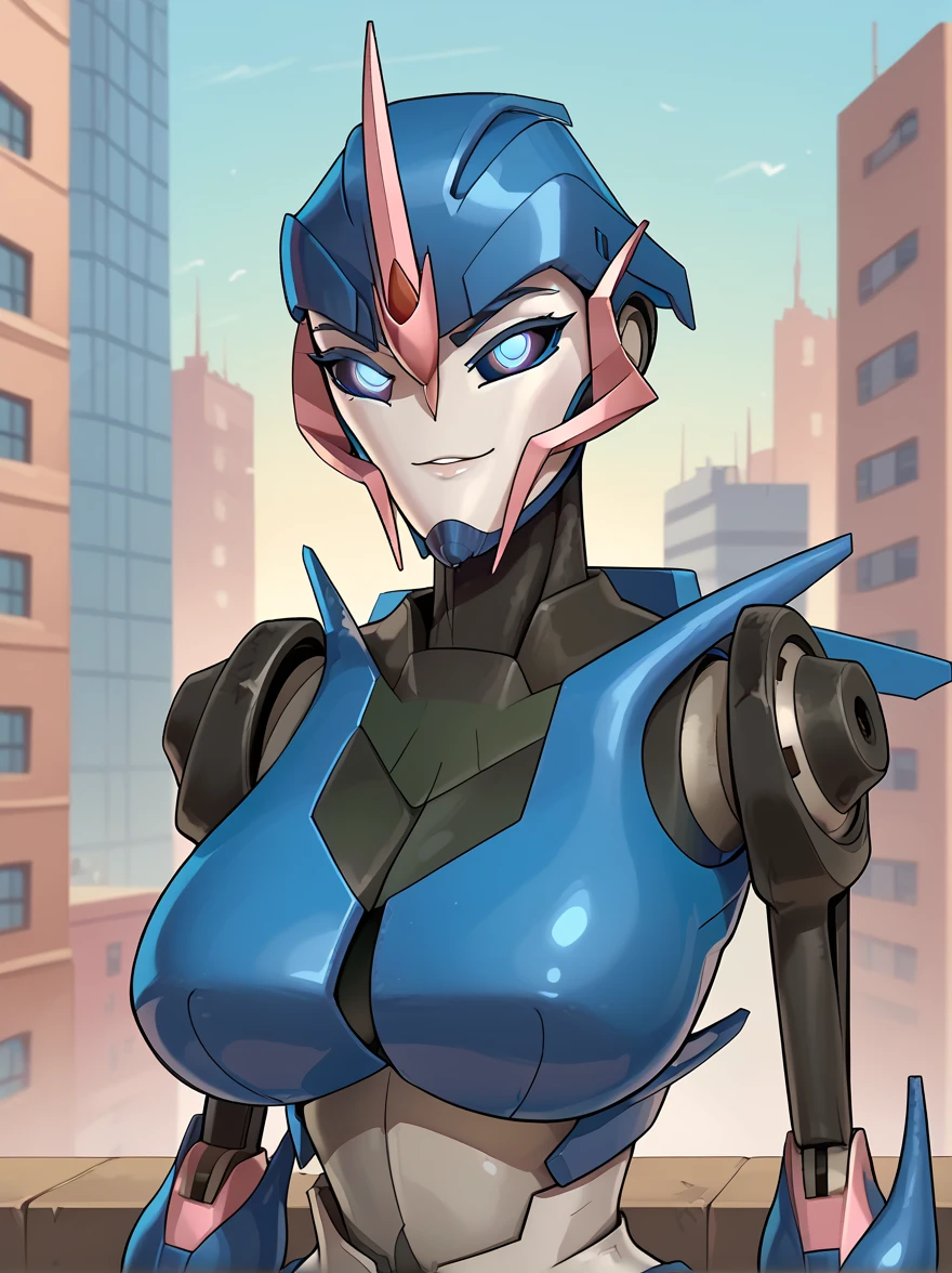 score_9, score_8_up, score_7_up, BREAK, 1girl, solo, breasts,  arceetp, mecha, robot, autobot, glowing eyes, outdoors, city, street, skyscraper, huge overfilled round breast_implants like a blimp large pumpin herself up huge overfilled round breast_implant