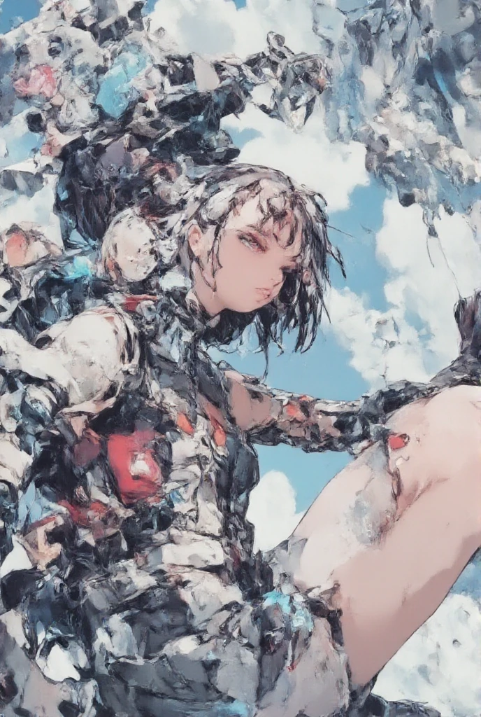((Highest quality))、((masterpiece))、(Verbosity: 1.4)、(Absurd)、(((whole body))、(((woman)))、Beautiful girl、Black Hair、Asian、Large Breasts、美しい筋肉質のwoman、giant robot pilot、Perfect body and wild、Wearing small clothes、Small string、Japanese graphic patterns、Clothes with halftone patterns and vertical stripes、Earth Colors、coming out of the body of a giant robot、Equipped with a large sword