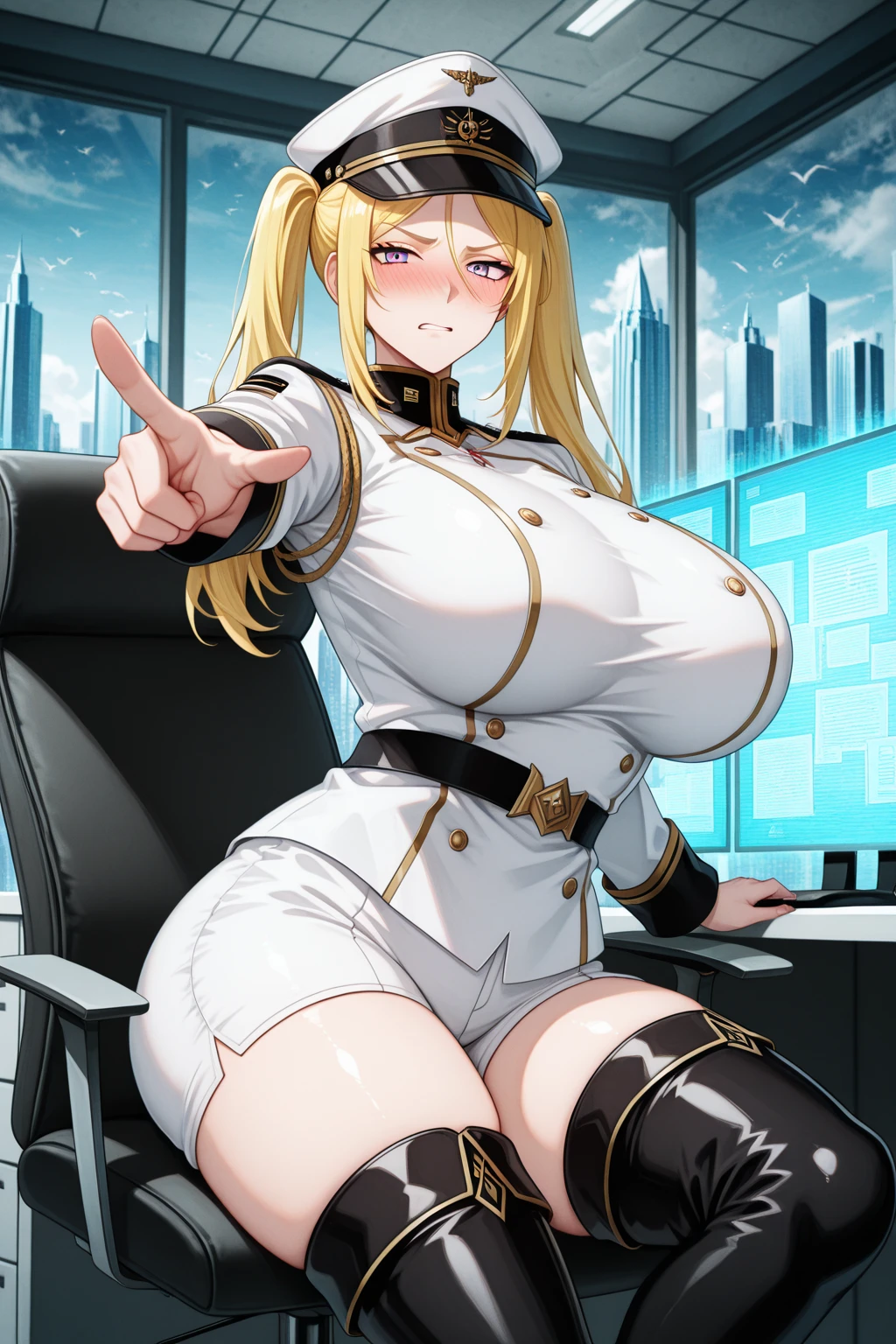 (raise both hands、squat、peace sign)、1 girl, (alone:1.2), (cowboy shot:1.2), ((Beautiful and delicate depiction of eyes)), ((beautiful and detailed face)), perfect female body, (huge huge breasts 1:2)、handsome figure, thin waist, (young girl), squat, ((highest quality)), ((Super detailed)), ((masterpiece)), ((High resolution)), (original), ((Highly detailed CG Unity 16k wallpaper)), Character Design, game CG, Detailed cartoon illustrations,(((NSFW 1.1)))、(squat)、(((I can see your crotch)))、(I can see your neck)、(I can see your breasts)、orgasm、(Big breasts 1:2)、(((please show me your crotch)))、((股間から飛び散るPee))、(Protruding tongue)、huge nipples、sunken nipple、Muchimuchi、(((Squirting))),Pee!、(Pee)、Chest pops out of clothes、(I can see your nipples)、(remove pot)、(please show me your crotch),(((riding a big black dick)))、(((Screw a black dick between your crotches)))、(((screw black penis into anus))),(((Ahegao)))、(((blonde)))、(((long hair)))、(((black hat)))、(((black suit)))、(((red shirt)))、(((ema))),Nikke