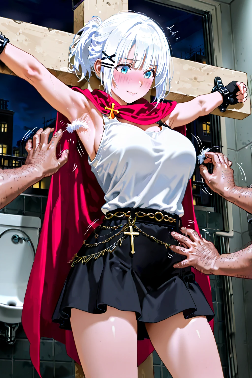 one girl, handcuffed her hands above head, slave,, white hair, princess, naive, endure, crucifixion