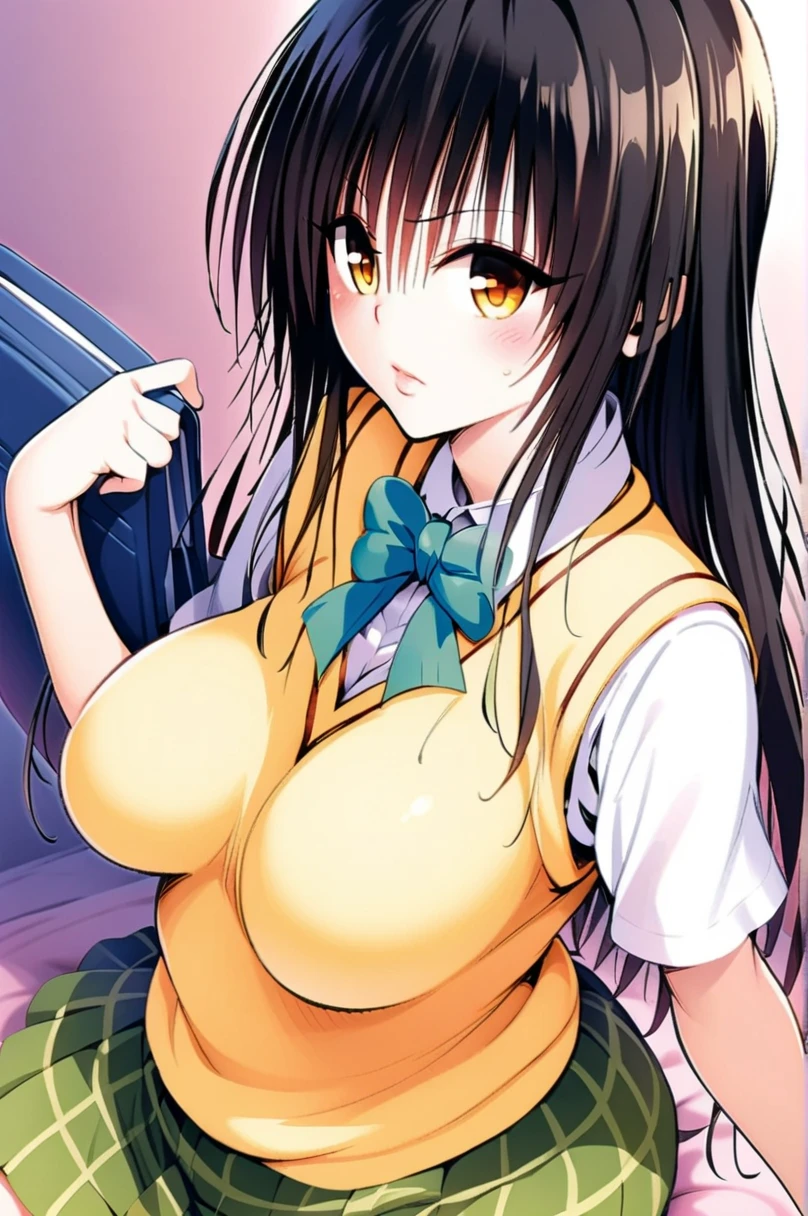 NSFW,Perfect body,Perfect hands,Yellow Uniform,School uniform,bared  chest,Haru Onodera,Beautiful breasts,Curvaceous,angry looking face,White background,masutepiece,High resolution,Best Quality