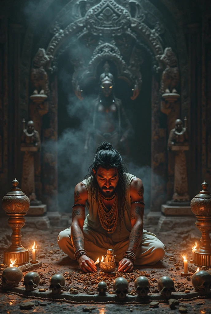 A dark room, a 50 years old man sitting on the floor performing yajna at the yajna altar. The back of the man is visible. The dark room is dimly illuminated by the light of the sacrificial fire. On the wall in front of the man is a terracotta goddess, seated on Padmasana. The view will from back of the man in top angle.