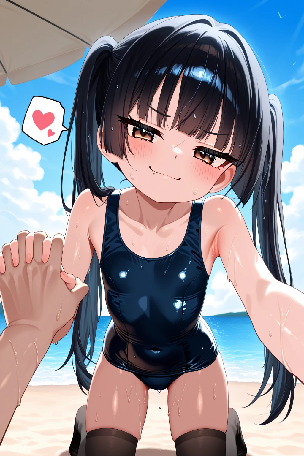 Beautiful girl at 13 years old,Japanese,,,Small and slim,Flat Chest,Small breasts,Baby Face,Small face,Black Hair,Twin tails,Grey Eyes,middle School girls,Sexy Swimwear,open mouth,tongue out,Kneeling and sitting,Beautiful and detailed anime art,A mischievous smile,high angle, looking at viewer, looking ahead, from above,cowboy shot,Sexy vibe,cum on tongue, handjob
