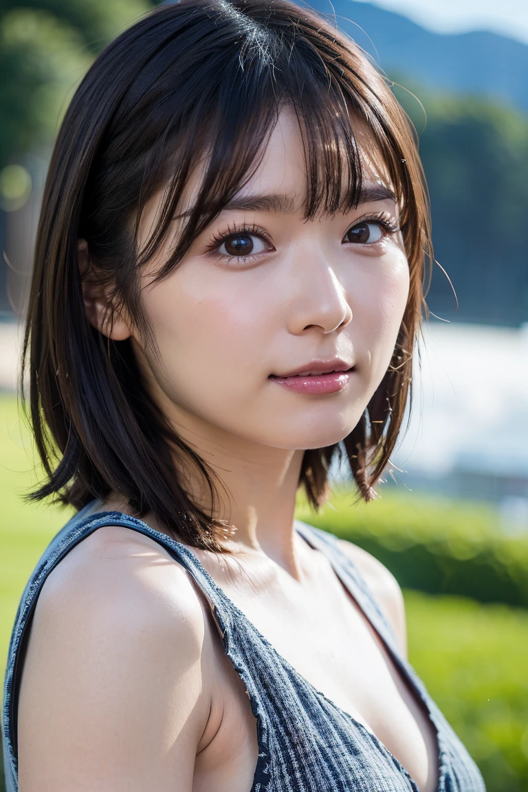 RAW Photos、masterpiece、Highest quality、Realistic、超High resolution、High resolution、16k wallpaper、Very detailed、Finer details、Cinema Lighting、In front of the stone wall、18-year-old female、Realistic Skin、((Dark Eyes))、A shy smile、(Medium Short Hair)、Grey Dress、Yoshitomo Nara, shikamimi, Chiho, mayuri shiina, A real young gravure idol, beast, , Kotegawa Yui, 8k、narumi kakinouchi