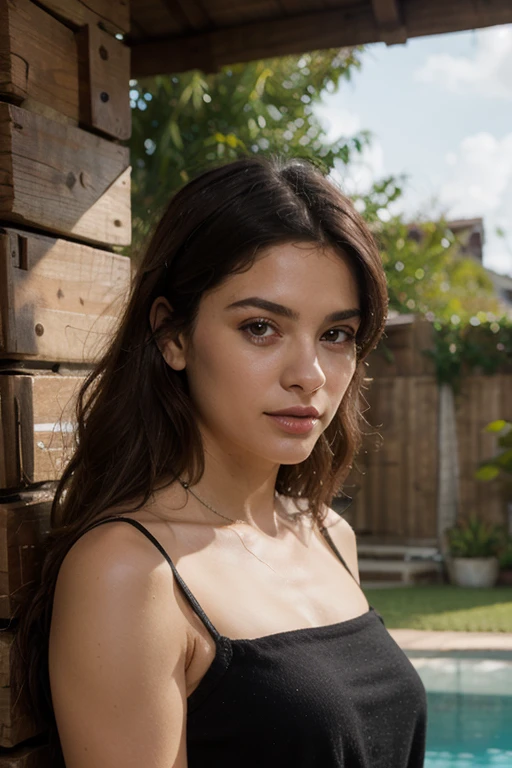 fashion photoshot, beautiful woman wearing top, latina, long black hair, chubby, face like Dua Lipa, stylish goth make up, posing, upclose portrait, bored face expression, overweight, chubby body, fat instagram model, fashionable, detailed, deep photo, raw photo, film grain, professional photo, vintage instagram LUT
