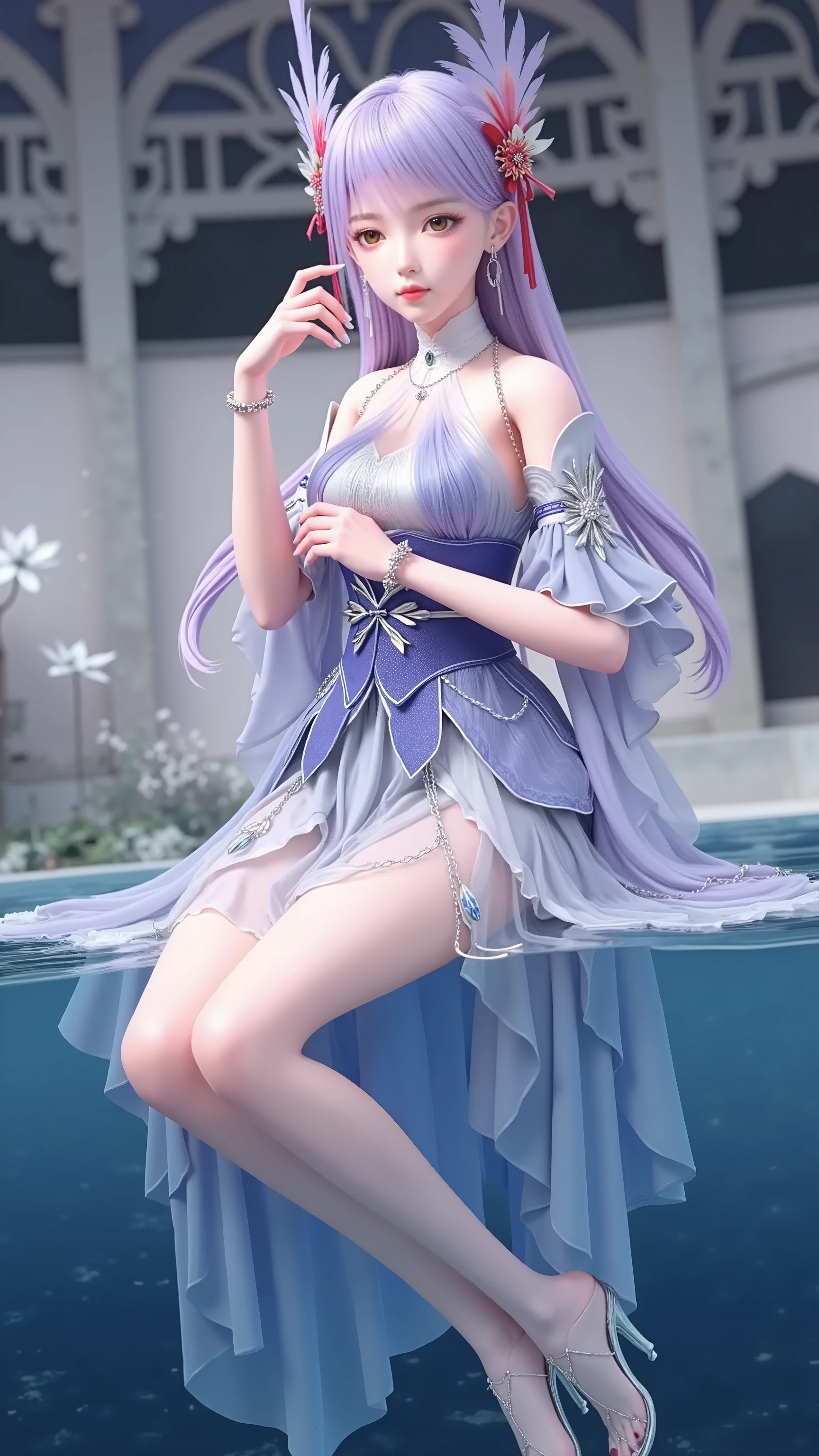 1girl,silver hair,off shoulder,red eyes,long hair,double bun,hair ornament,necklace,((Girl lying in the pool))、She gently lifted her skirt with one hand,Make gentle and playful gestures,((Lots of flowers瓣)), Lots of flowers,Lots of scattered petals,Cherry tree,Petals are flying all over the sky,A beautiful and charming woman, Elegantly, Her plump breasts are on display.,Visible cleavage,Sexy long legs,Various slim and lovely beauties, Her long hair cascades down like a waterfall。She smiled brightly,Eyes sparkling,Her skin is flawless。Her curves are highlighted。Shine in the light,The color is pastel,She lay confidently,One hand on hip,Her posture is both graceful and strong.。She wore elegant high heels,It matches her outfit very well。In the warm golden sun。The overall mood of the picture is tranquil and uplifting,Emphasis on natural beauty and elegance, Studio Lighting,Vibrant colors, Cute girl, sweet smile, cosmetic,Shy,blush,Open your mouth,Heavy breathing,moan,超realism,realism,Movie Lighting,comfort,Sony FE GM,Retina,masterpiece,precise,Anatomically correct,Textured Skin,Super Detail,High Detail,best quality,Colorful