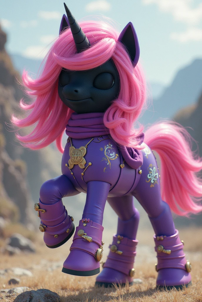 pony, Unicorn, purple wool, dark blue mane with purple streak and pink streak, the tail is dark blue with a purple strand and a pink strand, purple eyes, stands on four hooves, rear hooves spread wide apart, adult filly, dressed in a bodysuit and booties, pacifier in mouth, solo, thick diaper under clothes.