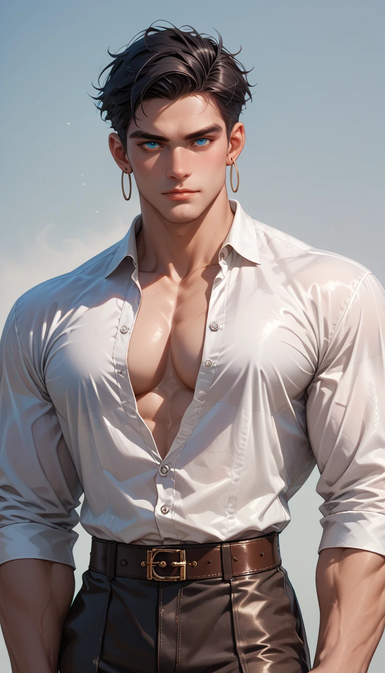 Full Body photorealistic 1 boy,Handsome Hunky Jack Frost,tall and strong,perfect male figure, ripped abs toned body,,eyes looking at camera, shirtless . ((Pale white skin)), white skimpy underwear snow,silver hair,serious expression,necklace,Ray tracing. Smiling