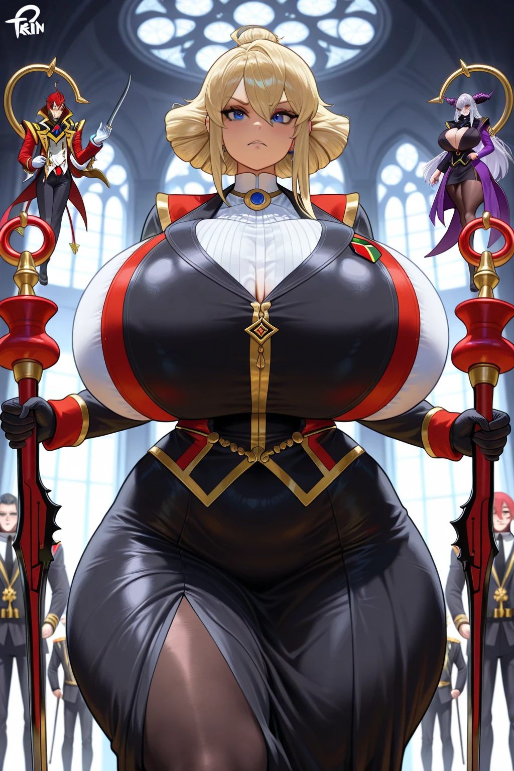 One girl, Blonde, Red eyes, Large Breasts, Wide Hips, Nun costume, A shy smile, Mature Woman, Church Background, Textured skin, Ultra-high resolution, Ultra-high resolution, Ultra-high resolution, Ultra-high resolution, Awards, Attention to detail, Incredible high key lighting and shadows, masterpiece, Great illustrations、Knee-high socks、garter belt、Long gloves、Sexy、Sweat、vapor、Steamy、Enchanting、sexy、
