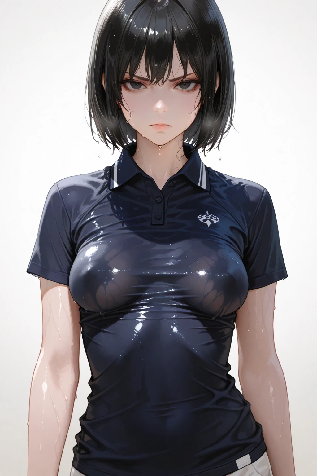 1girl, solo, white polo shirt, white sneakers, tennis wear, white miniskirt, masterpiece, best quality, realistic, hyper-detailed, (shiny skin, sweaty:1.4), absurd, looking at viewer, short black hair, brown eyes, slender, dynamic lighting, high resolution, sharp focus, depth of field, detailed eyes, sharp pupils, realistic pupils, (small breasts:1.6), (thick thighs:1.0), outdoor, sky