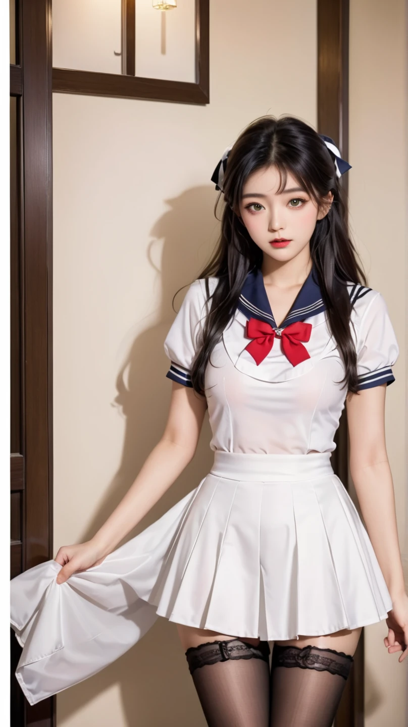 ((Superior Quality, 8K, tmasterpiece: 1.5))、Japan schoolgirl、18year old、Pubic area is clear: 1.2、Perfect Body Beauty: 1.4、8.5 head body、((high-school uniform、Red ribbons:1.5))、pleatedskirt、cleavage of the breast、Country house、sofas、sleep、Thigh opening、(Lace white panties、Show panties:1.5)、Sexy upper eyes、happiness、Cute smile