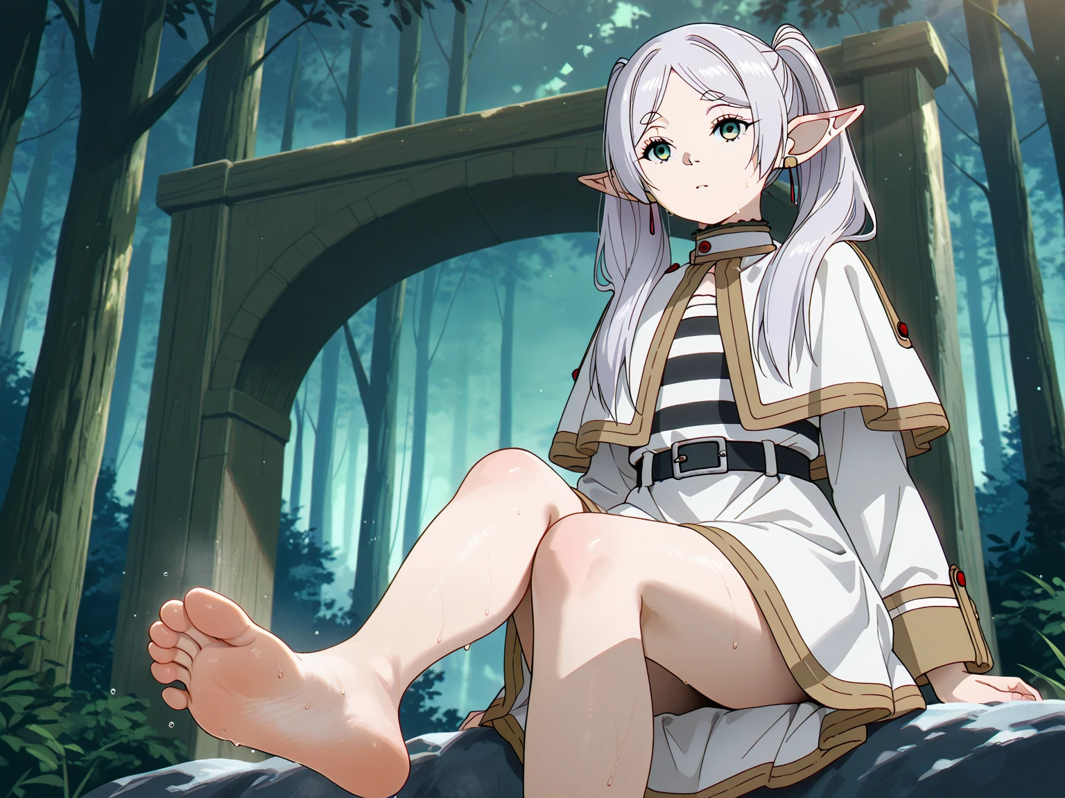 masterpiece, best quality, 8K resolution, Dress,Best Quality, High resolution, Unity 8k壁纸, (Illustration:0.8), (Beautiful detailed eyes:1.6), extra detailed face, Perfect Lighting, extremely details CG, (Perfect hands, Perfect Anatomy),masterpiece,high resolution,perfect anatomy,cinematic lighting,anime keyvisual,beautiful detailed eyes,best quality,unity 8k wallpaper,super detailed skin,white skin,
Frieren,1 girl, earrings, goblin, long hair, long sleeves, pointed ears, alone, twin tails, green eyes, earrings, gray hair, looking at the viewer,kneeling
white capelet, Knee-high boots, brown footwear, ((white stockings )),(((outdoor,woods,sunshine))),day,(((upskirt ))),nsfw,(((white lace decorated panties))) ,lift skirt ,cowboy shot,