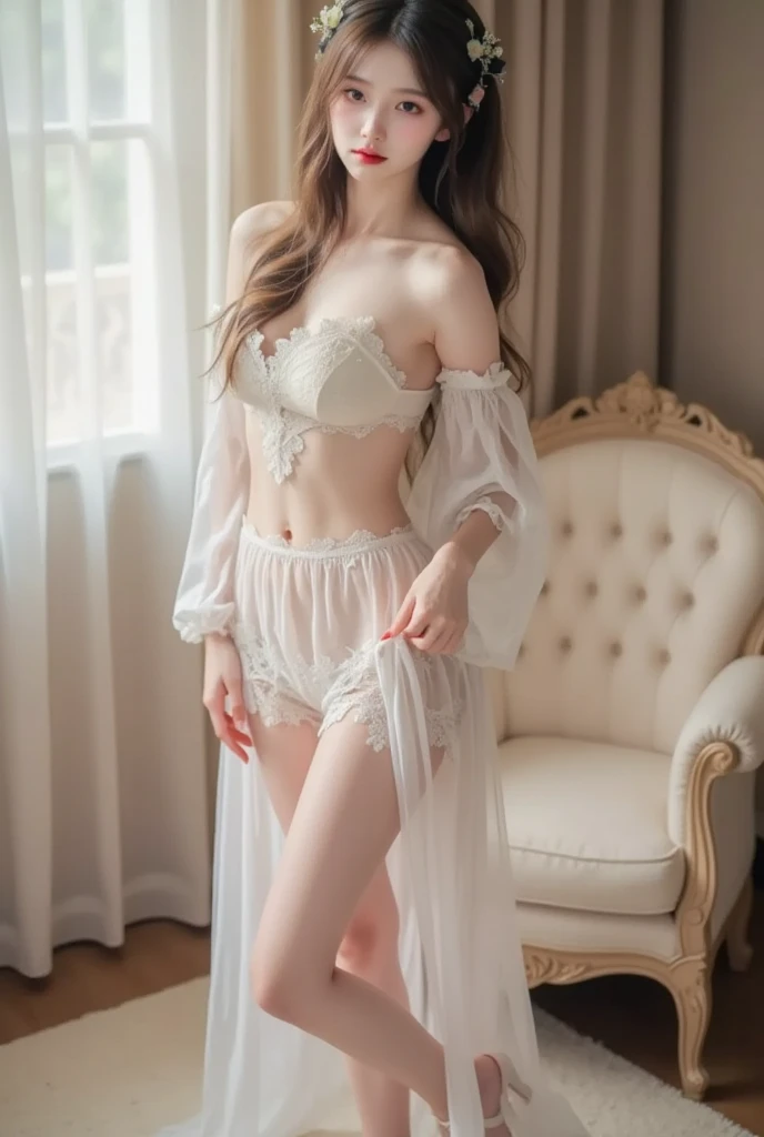 ((Top Quality, 8k, Masterpiece: 1.3)), Cute 1 Woman, Slender Abs: 1.3, ((Light Brown Hair, Small: 1.2)), Highly Detailed Face and Skin Texture, Detailed Eyes, Double Eyelids, Arms with Poor Breasts, (Ultra High Definition: 1.2), (Photorealistic: 1.4), (8k, RAW Photos: 1.2)