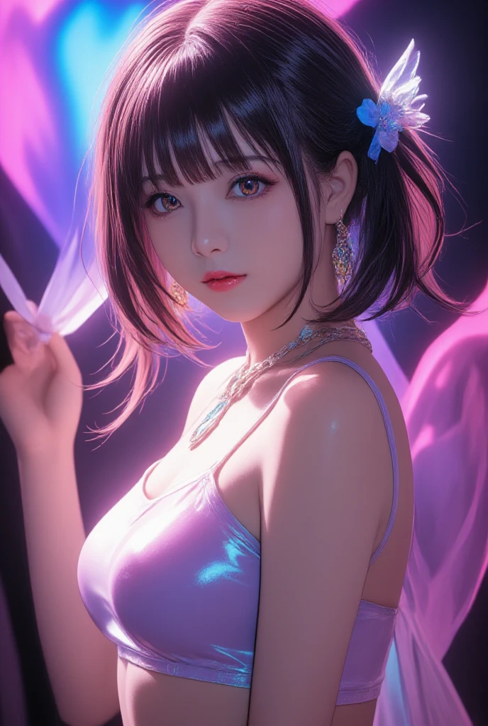 A beautiful and sexy 20-year-old girl, wearing an ultra-thin red dress, a diamond-embellished dress, ((long rainbow-dyed hair:1.6)), bangs, elaborate jewelry made from precious stones, and beautiful hair, ((wearing a purple lace necklace:1.6))), the aristocratic and aristocratic style of the girl is extremely beautiful, the small face is super cute, the face is very pretty, the eyebrows are thin, the flawless beautiful face, ((black eye pupils: 0.8)), very beautiful eyes, ((light blue eyes: 1.5)), beautiful makeup and detailed eyelashes, steamy eye makeup , high nose, earrings, red lips, ((closed mouth: 1;5 )) beautiful lips, slim hands, most beautiful thighs, ((arms spread out to the sides: 1.5)), rosy face, clean face , flawless beautiful face, smooth white skin, (big breasts: 1.5)), ((high breasts: 1.6)), Plump breasts, nice cleavage, ((big and super round breasts: 1.8))), ((super tight breasts: 1.5)) , beautiful breasts, back arms, beautiful girl's upper body, 8k photo, super high quality, super realistic, 10x super pixel, optical, dark studio, light border, two-tone light, (high detail skin:1.2), super 8k, soft light, high quality, volumetric lighting, realistic, Photo, high resolution, lighting, best photo, 4k quality, 8k, effects blur, Smooth and sharp, 10 x pixels, (galaxy: 1.7), aurora, lightning, surreal graphics, most realistic graphics, alone, solo, Extremely sharp, surreal images, ( ((frontal portrait:1.3)))."