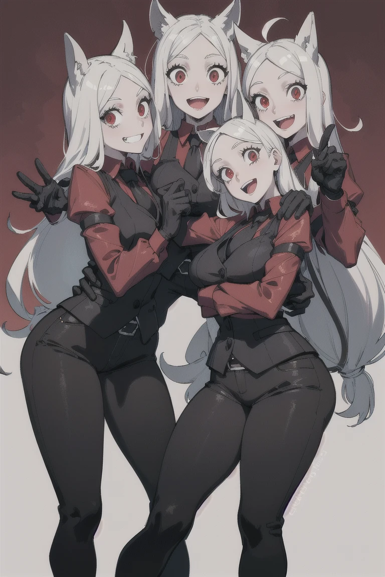 (3heads:1.6), 1girl, white hair, smug, bratty, red eyes, short, small boobs, (black dress), black shoes with red ribbon, black gloves, skull pin in hair, tie, (red bow in hair), different expressions, looking at viewer, evil smile, bratty, teeth, (long hair:1.4), bare legs, beautiful girl, graceful, (wide hips), (thick thighs), sitting, (legs crossed), (flipping off viewer), beautiful background, (office)