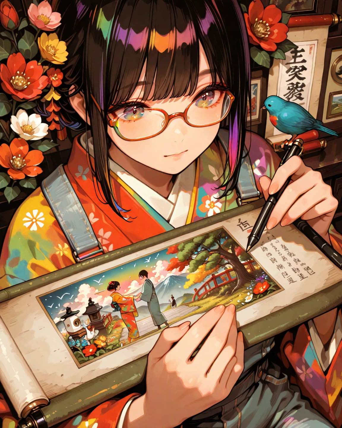 a pair of guy and girl, guy with Korean hair, girl wearing black hijabs, wearing glasses, are painting together, with mountains in the background, cute