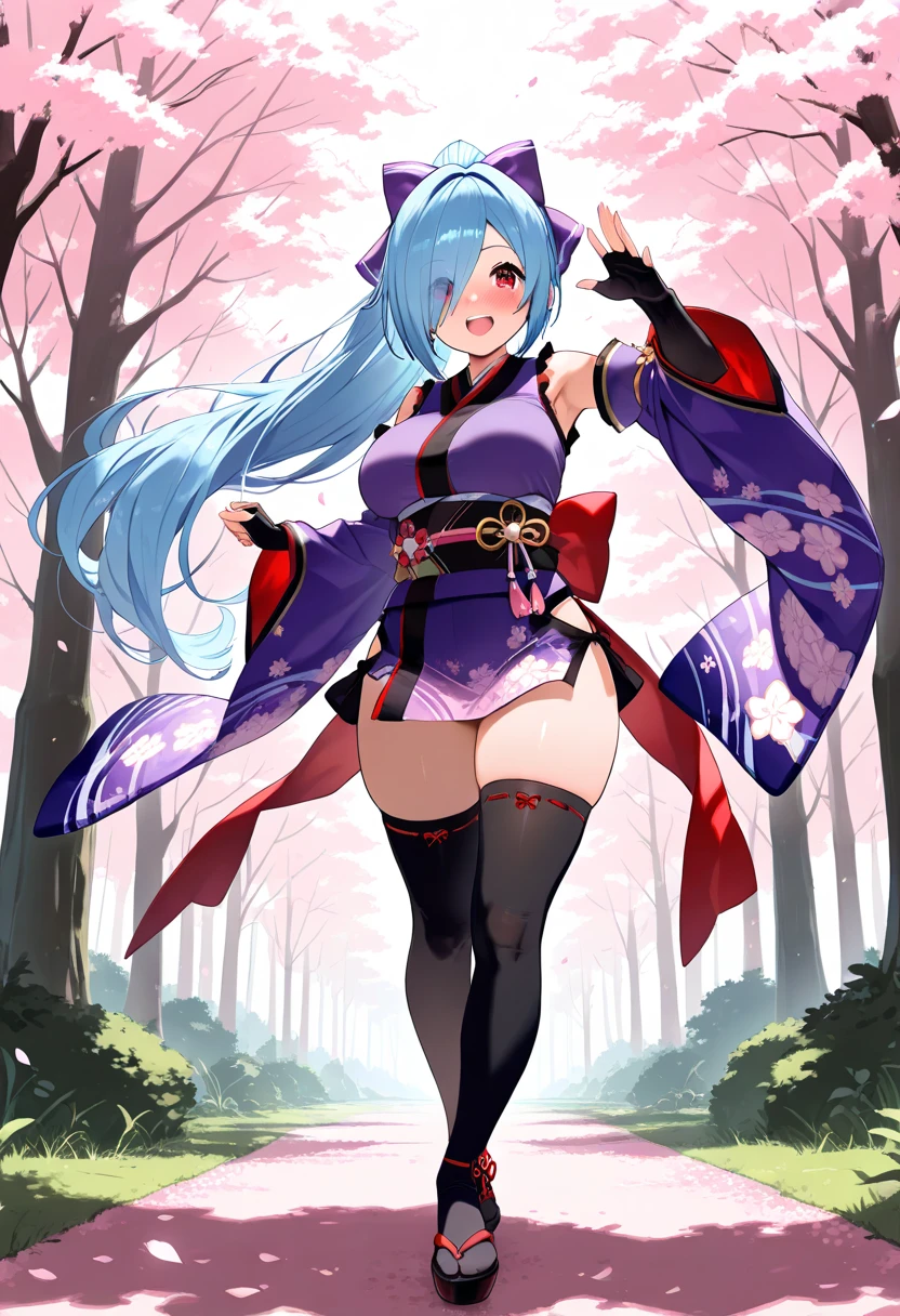 hatsune miku detailed image, coherent image, 1 once, he has very long hair, turquoise eyes, smiling, showing her legs, she has a curvy body add_detail medium breasts add_detail and thick thighs, She is posing sensually, arching your back add_detail , Buttocks sprouting add_detail flower petals falling, Background surrounded by flowers., soft focus, dramatic shadows, volumetric lighting, natural lighting, artificial lighting, White background, from behind,Bitzy, fluffy long tail, sensual purple savage bondage add_detail, he grabs his thighs, tribal tattoo add_detail, kimono clothes, baila con gracia y estilo, su cola inicia donde termina su espalda baja