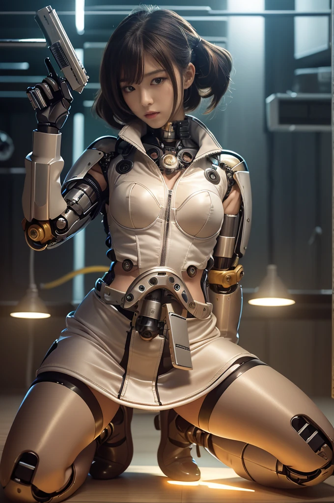 head and full body and full legs, Extremely cute human eighteen year old girl face, human torso, human huge boobs, human abdomen, human hips, human arms, mechanical legs, arms and legs with hard white shiny shell and black joints, very beautiful and feminine, short, petite, small, small, busty buttocks, medium bust, cleavage display, flat belly display, partial helmet with antenna on the ear, black robot joints, very stylish, award-winning product design, black rubber tights, The shiny white metal breastplate opens at the cleavage and abdomen, the white metal buttocks are wrinkled, and the armor has stylish, glowing trims