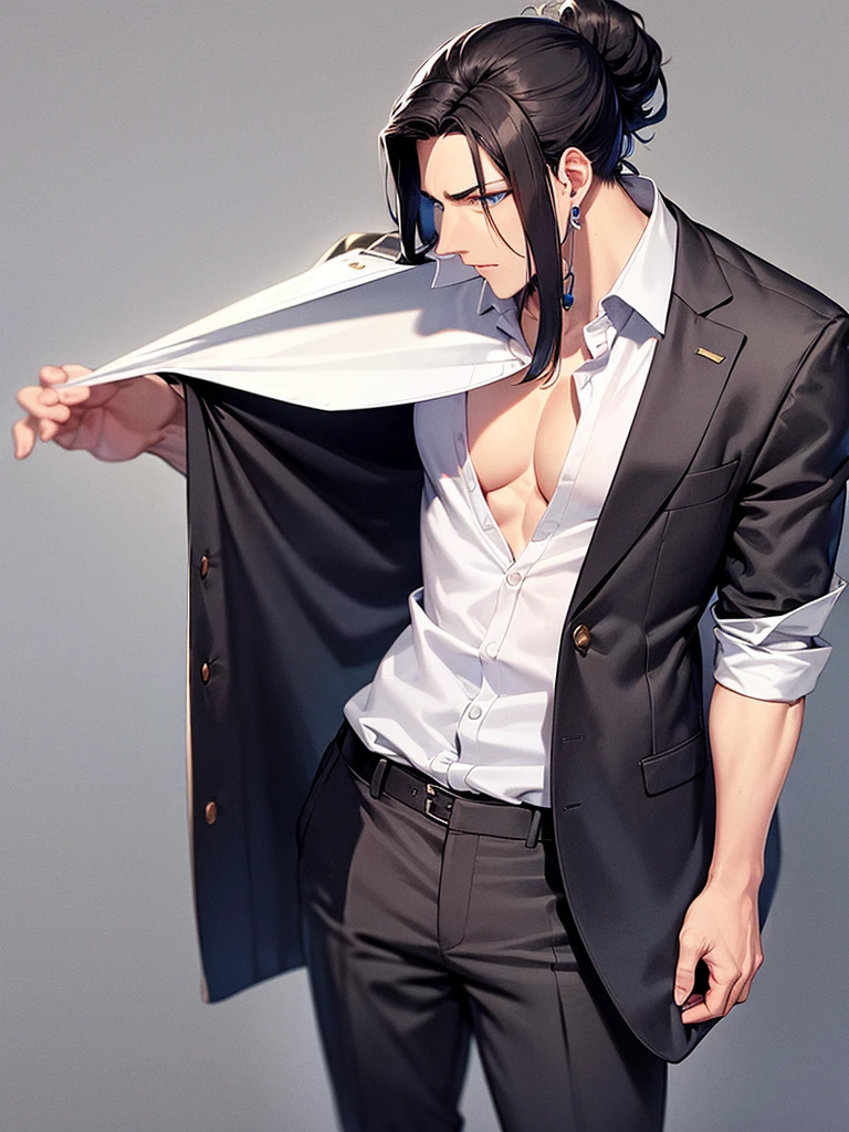 Male with black long hair, yellow eyes, tattos on hands, handsome, wearing casual clothes