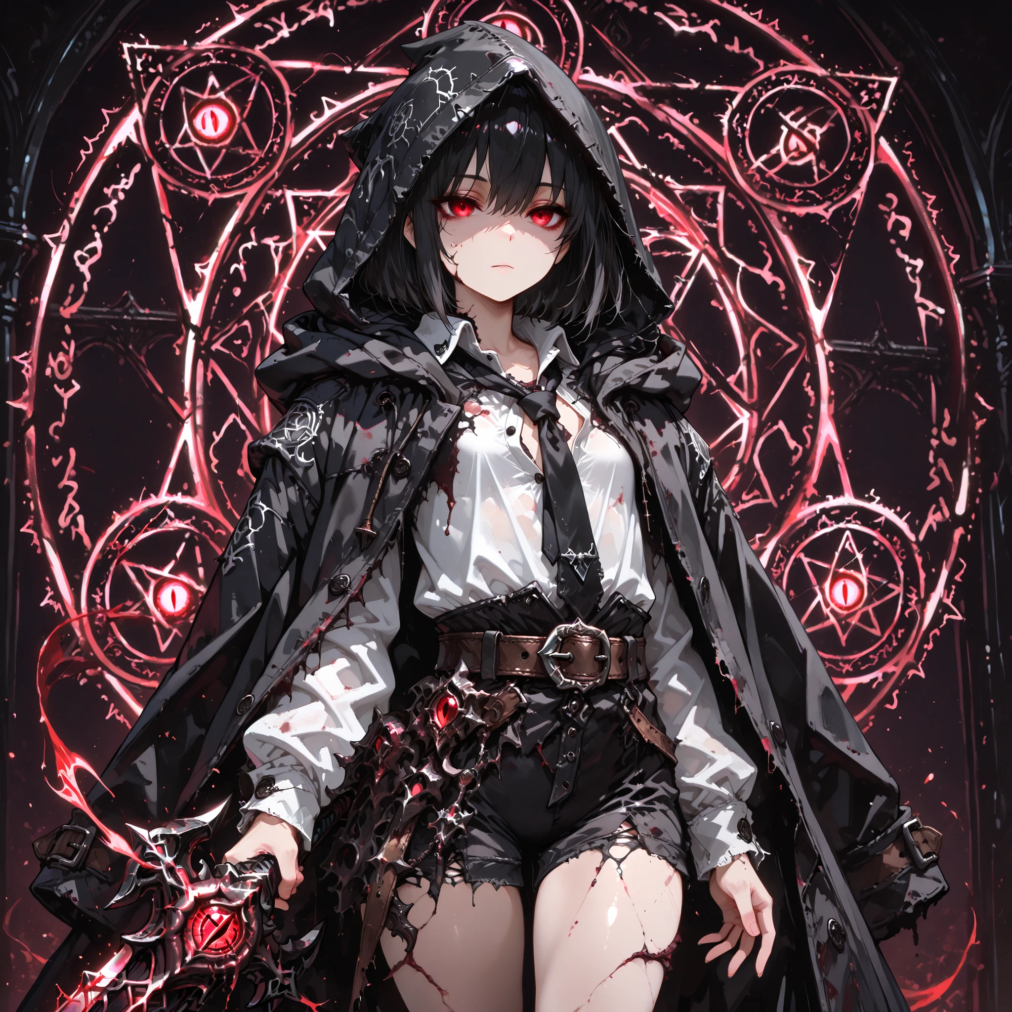 ((best quality)), ((masterpieces)), (detailed), perfect face, SOLO, ((((femboy)))), tomgirl, ANIME, beautiful detailed eyes, BOB hair, BOBed hair, BLACK hair, RED EYES, expressionless, hooded, Magical Eyes, dark background, ((BLACK HOODED coat draped over shoulders)), ((flat chest)), magic circle, ((HOODED coat )), ((hooded head)), Belt with buckle, dress shirt, short black shorts, bare thighs, ((Flat chest)), bailing_magic_circle, black tie, Cursed Sword from Encyclopedia