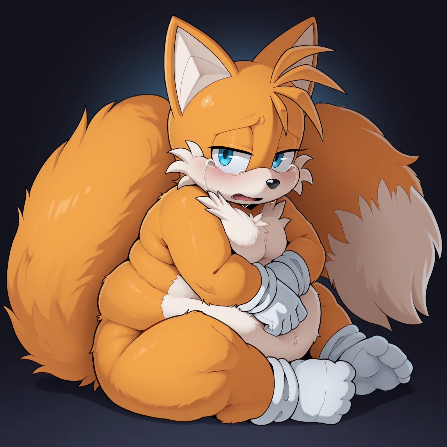 Tail is a male yellow fur have blue eyes and two tail is a character in Sonic the Hedgehog, with body trembling and uncomfortable face have sex with sonic