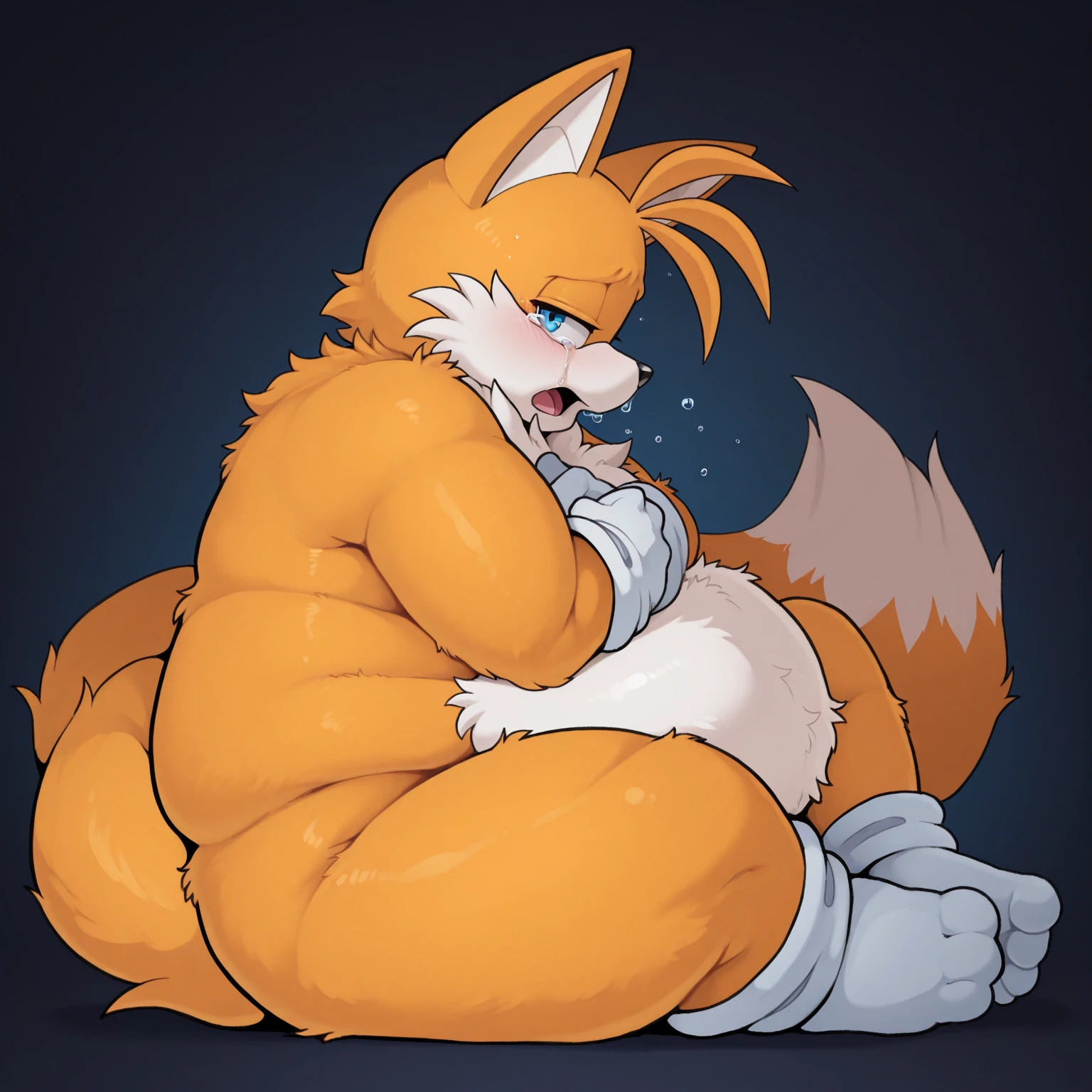 1male, (Miles Tails Prower ( solo, male, cute) and (blue eyes) and (insane detailed fur, sexy eyes), (pose:1.posing:1.3), detailed hands, 5 fingers, ((detailed face, (detailed eyes:1.0), detailed))), (((Anatomically correct))), (high detail, film photography, soft focus, soft shading, photo realism, realistic, photo realistic, hyper realism, analog style, subsurface scattering, masterpiece, best quality, ultra realistic, 8k), portrait, night, light, bedroom, lewd, nude, furry crotch, (((penis and balls))), (((sweaty body))), (((white cum streaks all over body))), nsfw, soft belly, pot belly, very large belly, belly rub, arched back, outie navel, (((2 white tipped fluffy tails))), by Canson, by Lapatte, by thesecretcave, by fluff kevlar, by narse, by red rusker, by zaush.