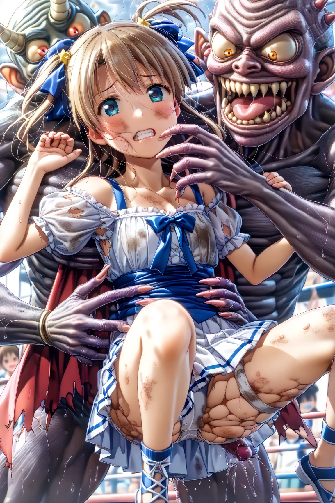 (best quality, masterpiece, uncensored, high quality, ultra detailed, extremely detailed CG, beautiful face, beautiful eyes), solo, (1girl, (((flaxen hair, streaked hair, Hair Flaps, half updo)))), (((((vertical-striped dress, collar, clothing aside, see through))))), (((((extremely awesome detailed deep-silky-healthy-lackwarm-foundational-baby face))))), nsfw, peeing, pussy, skindantation, hiqcgbody, (tan), (outdoors, alley:1.2), masterpiece,best quality,(size difference:1.4),(huge male necromancer,(monster:1.3),vampire standing:1.3), meatshield style and (1girl) and (monster sex), motion lines,(suspension,reverse suspended congress),(absurd stomach bulge), collar, chain,cum, penis, tears, small breasts, nipples,large insertion,teeth, bound, bdsm,rolling eyes, vaginal,bondage,navel, tongue, open mouth, crying with eyes open, pussy, ahegao, tongue out, spread legs, (legs up),restrained, testicles,fucked silly, cuffs, nude, black collar,veins,arms up, (eerie atmosphere, horror theme), suspenders, (extremely awesom e detailed and ribbon:1.3),(extremely awesome detailed deep-silky-healthy-lackwarm-foundational-soft-skin:1.1), (extremely awesome detailed gleaming skin), (extremely awesome detailed pretty face, extremely awesome detailed eyes, extremely awesome detailed shiny hair:1.2), (embarrassed, closed mouth:1.4), extremely awesome detailed dynamic lighting, extremely awesome detailed caustic, extremely awesome detailed deep shadows,(best quality, highres, absurdres, extremely awesome detailed CG unity 8K HDR wallpaper, perfect anatomy:1.1),(extremely awesome detailed realistic, extremely awesome detailed 3d:1.0)