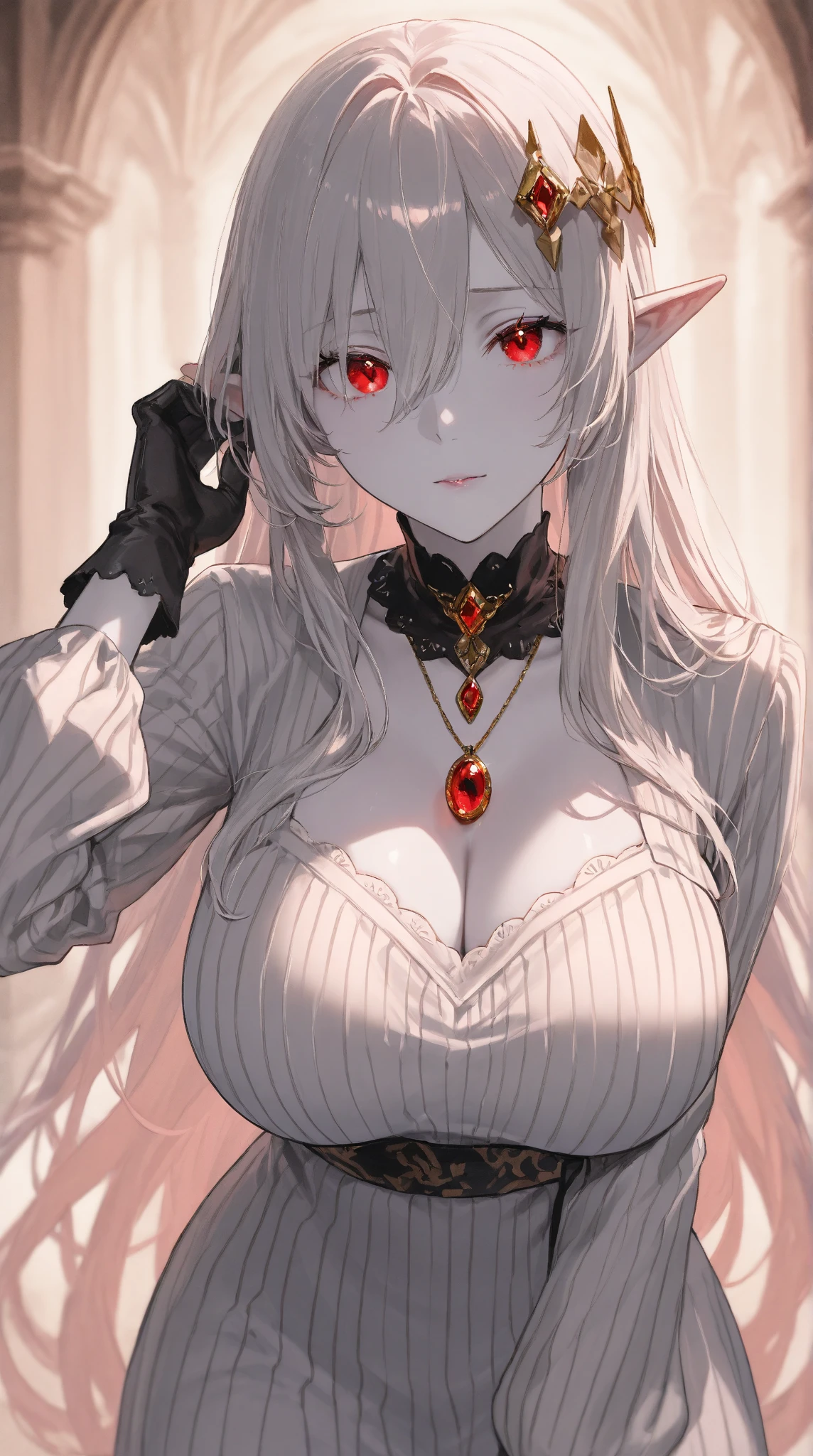 (best quality,high resolution:1.2),super detailed,actual:1.37,a sexy, Mature beautiful lady wearing black royal robe, Comes with lace lingerie, show her angry expression, Close-up of her breasts, white hair, red eyes, and exposed her underwear,huge breasts,close-up,Mature and sexy royal sister