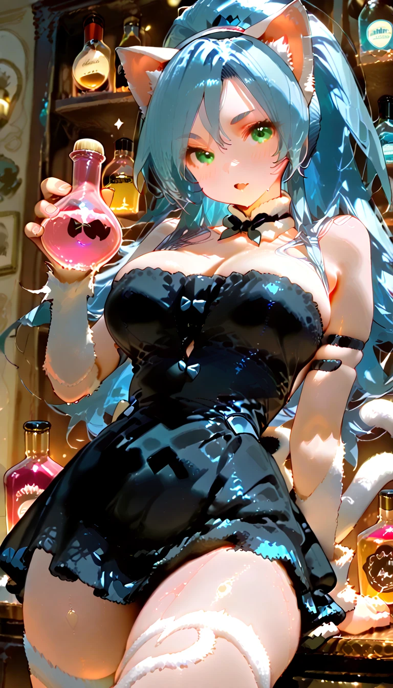 POV: Looking down at face and breasts, 1 female, dark skinned cat girl, (((dark skin))), (((mint colored cat ears))), ((appearance: subtle jewelry, silver hair clip, radiant aqua colored eyes,)), ((hair: long mint green hair, ponytail, side bangs, mint green hair, mint green cat ears, white ribbon,)), ((body: tall, slender figure, large breasts, hard nipples, wide hips,)), ((clothing: tight-fitting dress, black dress, lace dress)), ((pose: seductive, leaning forward towards viewer, smiling, happy,)), ((scene: fancy restaurant, upscale dining,)), high quality,best quality, 8k_wallpaper,extremely detailed eyes, (large masterpiece digital art), (detailed manga illustration), (detailed line art), ((perfect)) anatomy, best hands)), (intricate details:1.3), (ultra-detailed:1.3), (illustration:1.3), (sharp focus:1.3), (natural lighting:1.05), (vivid colors:1.3),
