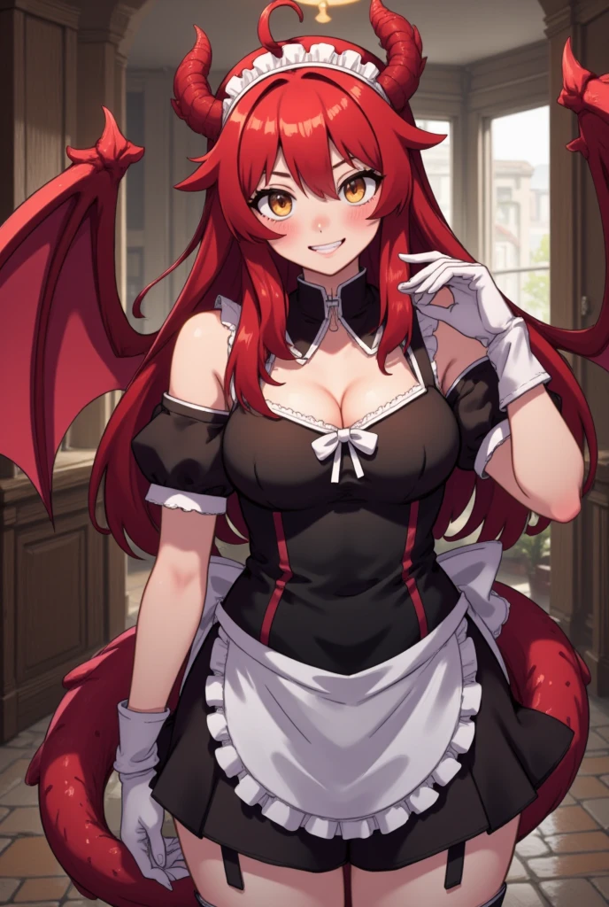 best quality, masterpiece, highres, solo, {maid:1.40}, {long maid dress:1.15}, {tam_lin_tristan_fgo:1.15}, long_hair, pointy_ears, bangs, pink_hair, grey_eyes, sidelocks, breasts, jewelry, earrings, smile, tiara