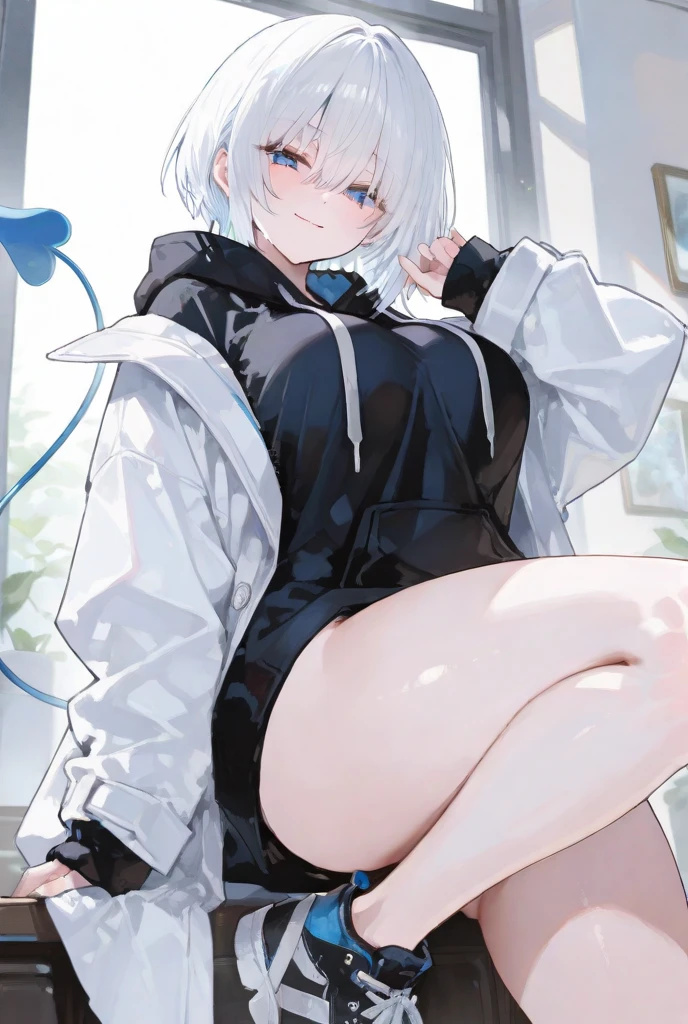 1 girl, silver hair, short hair, plump girl, glasses, grey hoodie, bike shorts, socks, sneakers, sitting