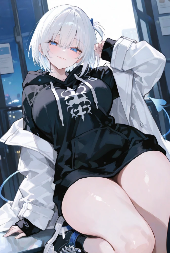 ((best quality)), ((masterpiece)), (detailed), 1 girl with white hair, Black leather jacket, Sexy,Black Silk,Cold,