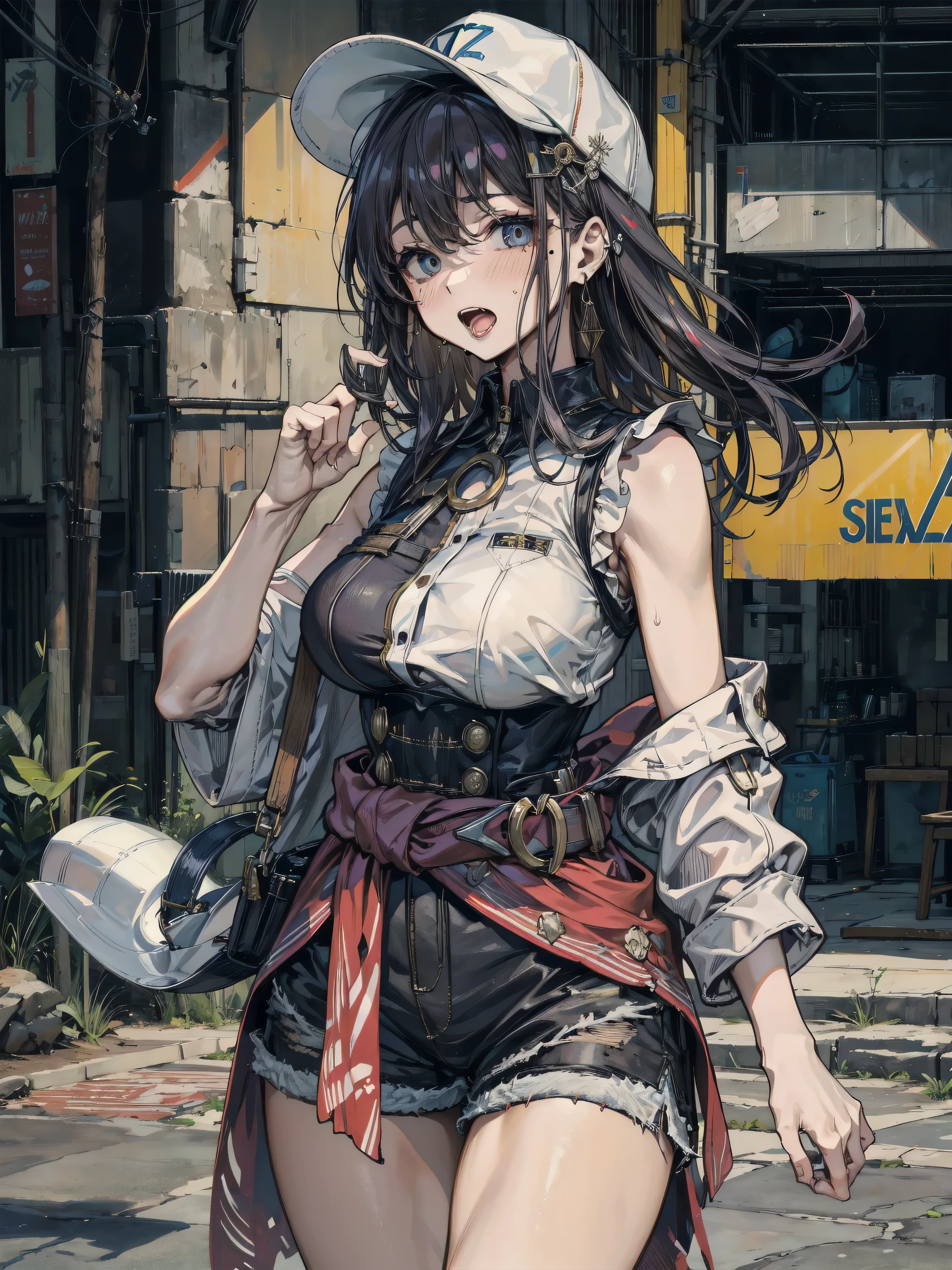 (Beautiful fine details:1.6), Highly detailed face, Highly detailed CG, (Perfect hands, Perfect Anatomy),
((highest quality)), ((masterpiece)),High resolution,Sharp focus,(Highly detailed CG Unity 8k wallpaper),
(((Vibrant colors))), Perfect Face,Seductive eyes,Liza Lynn Stout, Raisalin Stout, 
Big Ass,Big Breasts,glamorous_expensive_Tight waist_Long legs,curve,Thighs,curvy,
very shiny 肌,Shiny body,plastic glitter 肌,exaggerated shiny 肌,illuminated skin,
cute,Bold,Camel Toe,short hair,
Brown Hair,Knee socks,gloves, brown gloves, 片手gloves,レザー gloves,
White Hat, Star Necklace,hair ornaments, (Brown eyes:1.5), Hair Clip, wearing side-tie bikini, wet skin,Domineering smile,Open your mouth,peace sign,squatting pose,Spread your legs a little,Medieval style cityscape,rubble,weed,cracked cobblestone,Mossy wall,byroad,In the shade,Moonlit cityscape,Whimsical storefront,

