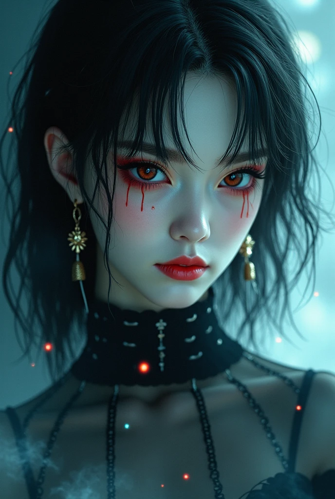 (masterpiece, best quality, ultra-detailed, best shadow), (detailed background,dark fantasy), (beautiful detailed face), high contrast, (best illumination, an extremely delicate and beautiful), ((cinematic light)), colorful, hyper detail, dramatic light, intricate details, (1girl, solo,black hair, sharp face,low twintails,red eyes, hair between eyes,dynamic angle), blood splatter, swirling black light around the character, depth of field,black light particles,(broken glass),magic circle,(photorealistic) and (Realistic) and Detailed Skin Textures and detailed skin pores and high skin detail