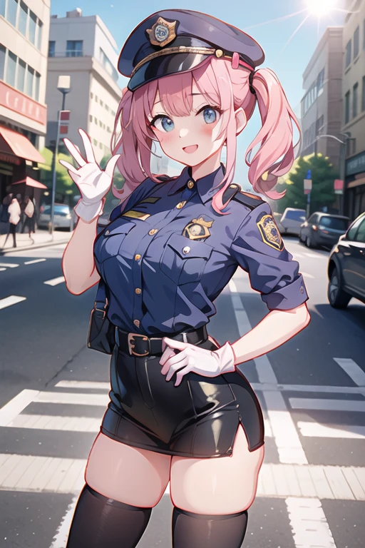 masterpiece, best quality,3girl,young girl, aliceblue eyes, honey blonde, quiff,touched _face,shiny skin,large breasts,nice leg line:1.3,thick thighs, thin waist,Original Character, Natural Volumetric Lighting, Intense Shadows, Shady Body, Upper Body, High Contrast, Depth of Field, Portrait Of Stunningly Beautiful Girl, Petite, Slender, Delicate Beautiful Attractive Face, Alluring Red Eyes, Black Round Pupils, Half Closed Eyes, Sharp Eyeliner, Frown Sharped Eyebrows, Confident Look, Sneering Smile, Closed Mouth, Cute Skin Fang, Lovely Small Breasts, Pink hair, Layered Long Straight Hairstyle, Long Side Bangs, Blush Eyeshadow, Thick Eyelashes, Skindentation, BREAK Peaked Cap, (Leather Police Shirt:1.05), Deep V-Neck, Flat Cleavage, Short Sleeves, Officer Badge, Tight Police Miniskirt, Wide Hips, Leather Glove, (Pantyhose Stockings:1.05), Keen High Long Boots, Inside of Intersection City Crosswalks, (Police Patrol Car:1.05), City High Buildings, Perfect Blue Sky, Warm Sunshine, Under White Clouds, Standing, Legs Apart, Ass Visible Through Thighs, Arms At Sides, Pov, (Highest Quality, Amazing Details:1.2), (Solo:1.3), Remove Harsh Shadows, Brilliant Colorful Paintings, , Outdoor_area_specifically_for_growing_olive_trees, looking at viewer,from side,upper body,nsfw