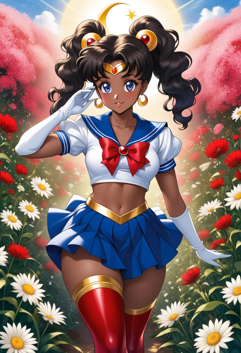 (((thin 1girl)))) ((((thick thighs toned body)))) (very dark black tanned skin) black hair yellow eyes very long hair tight cropped shirt short flowing skirt serious face red and white sailor Moon outfit sailor Moon cartoon character outfit dressed as sailor Moon colorful very short wind blown skirt standing with her back to the viewer looking back over her righ shoulder wind blowing hard