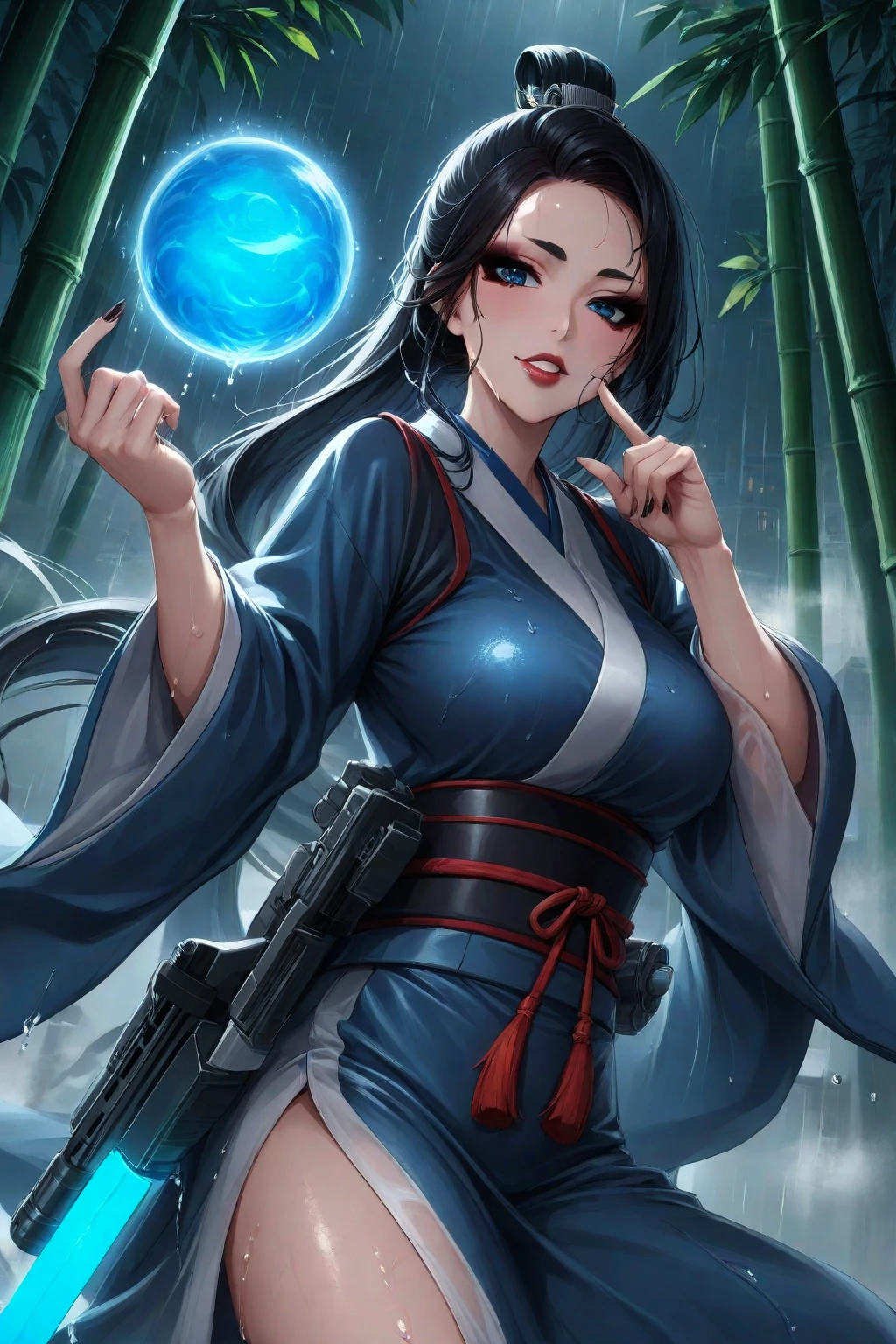 South korea women mystery hooded on with modern royal Blue coat with buttons and royal Blue cape and very high white heel over the knee and white gloves, As she reveals a small secret hidden blade, adding to the character’s mysterious and agile appearance, with small movements of air on the cape, in summer at night under the rain, with buildings featuring curved eaves and detailed architecture. The scene is set at night, she slit a person's throat , intricate detail, ultra detail, incredible detail, intricate detail, extremely detailed and intricate, super max, masterpiece, best quality, HDR, UHD, unreal engine. , beautiful face, Rich in details High quality, gorgeous, captivating, 8k, super detailed, stunning shadows, detailed lines