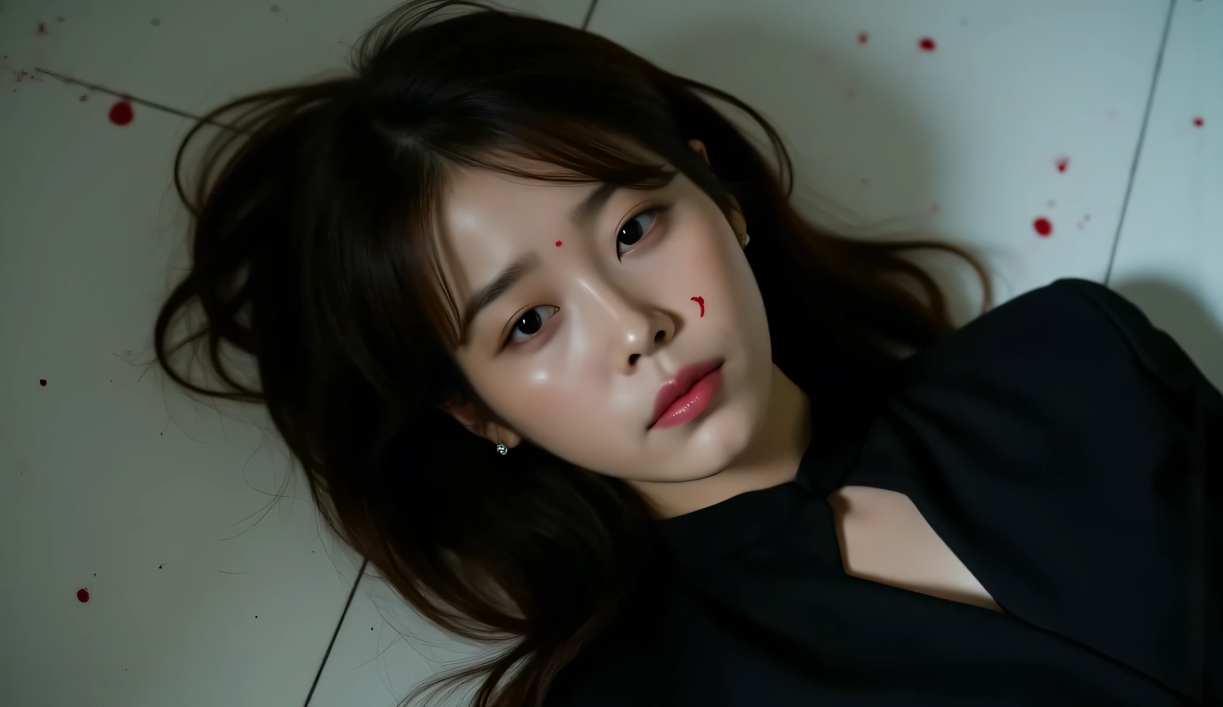 Masterpiece, Best Quality, (ภาพพื้นหลังที่มีhigh resolutionมากถึง 8k), (pictures Best compilation), ( Best Shadows ), realistic lighting, high resolution, realistic photos, Close-up shot of the face and torso of a beautiful 30-year-old Asian girl, wearing a black long-sleeved suit,, , chest buttons slightly open, Sleeping on a white, blood-stained tile in the office., She was shot in the forehead., wounds are shot in the middle of the forehead, holes Sunn, her forehead bleeds slightly., no hair covering her face, , closed eyes in fear, She opened her mouth , her face is emotionless. She is dead.